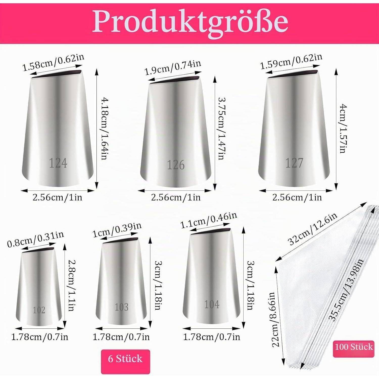 Größentabelle mit dem Titel „Produktgröße