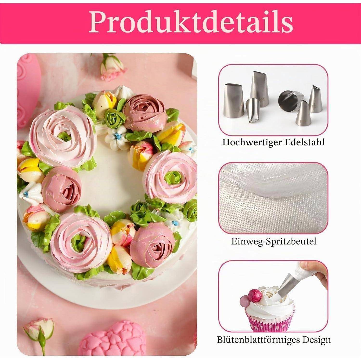 Produktdetailbild mit einer blütenförmig verzierten Torte und Spritzbeutelwerkzeugen, gekennzeichnet mit „Hochwertiger Edelstahl