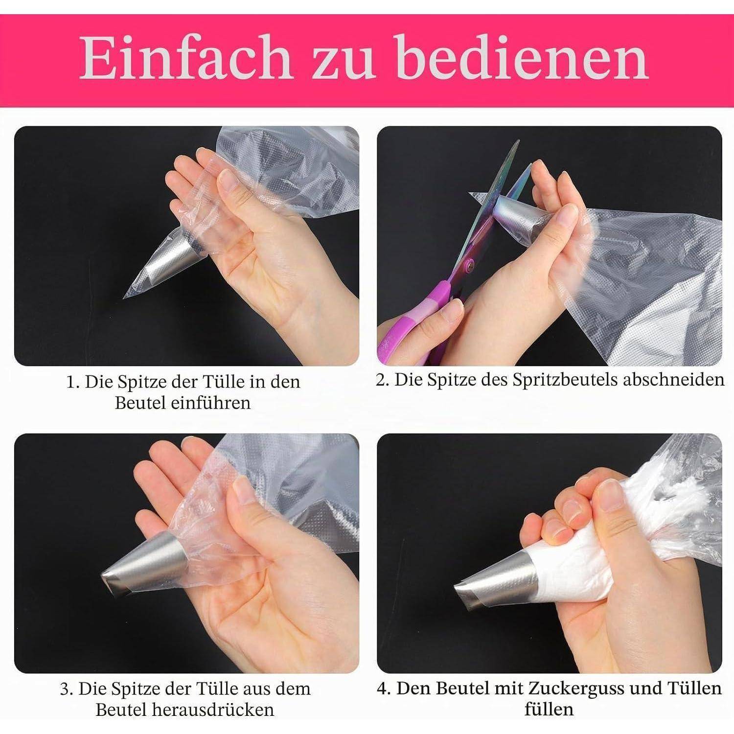 Spritztüllen Set 6tlg Edelstahl mit 100 Einweg Spritzbeuteln