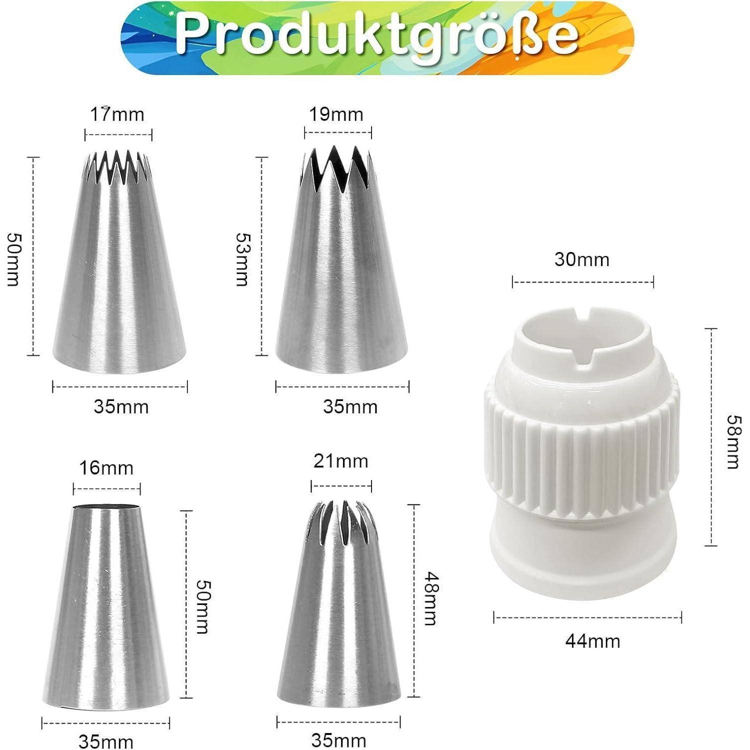 Produktgrößentabelle mit vier Metallrohrspitzen und einem Kunststoffkuppler mit beschrifteten Abmessungen in Millimetern.