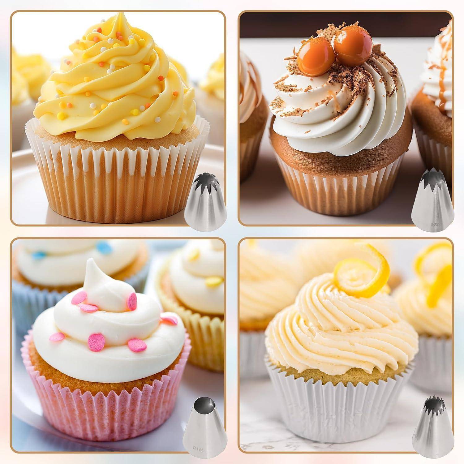 Vier dekorierte Cupcakes in einer 2x2-Collage: gelbe Zitrone, Schokolade mit Karamellkugeln, rosa Glasur mit Streuseln und Zitronenscheibe als Topping.