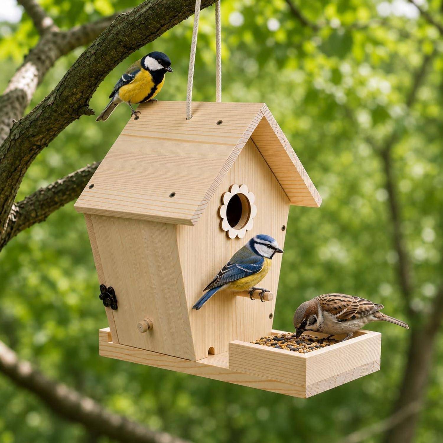 Drei Vögel fressen an einem hängenden hölzernen Vogelhaus mit einem Samenbehälter in einem belaubten Baum.