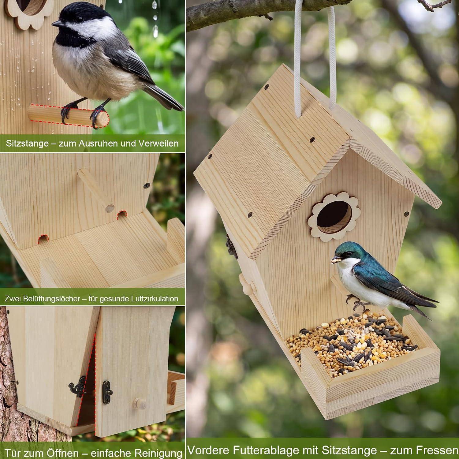Holzvogelhaus mit Sitzstange und vorderer Samenschale; eingefügte Etiketten heben die Sitzstange, Belüftungslöcher und eine Öffnungstür zur einfachen Reinigung hervor.