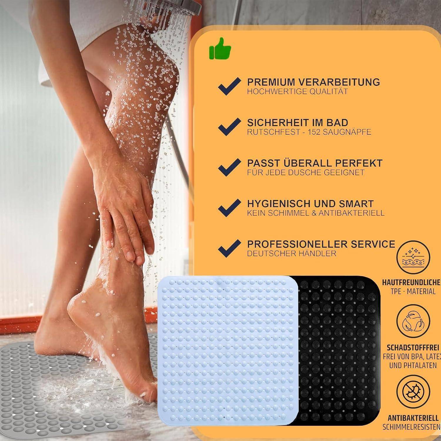 Frau duscht mit rutschfestem Badezimmermatte; Anzeige hebt Premium-Qualität, starke Haftung, passt in jede Dusche, hygienisch, deutscher Service, hautfreundlich, toxinfrei, antibakteriell hervor.