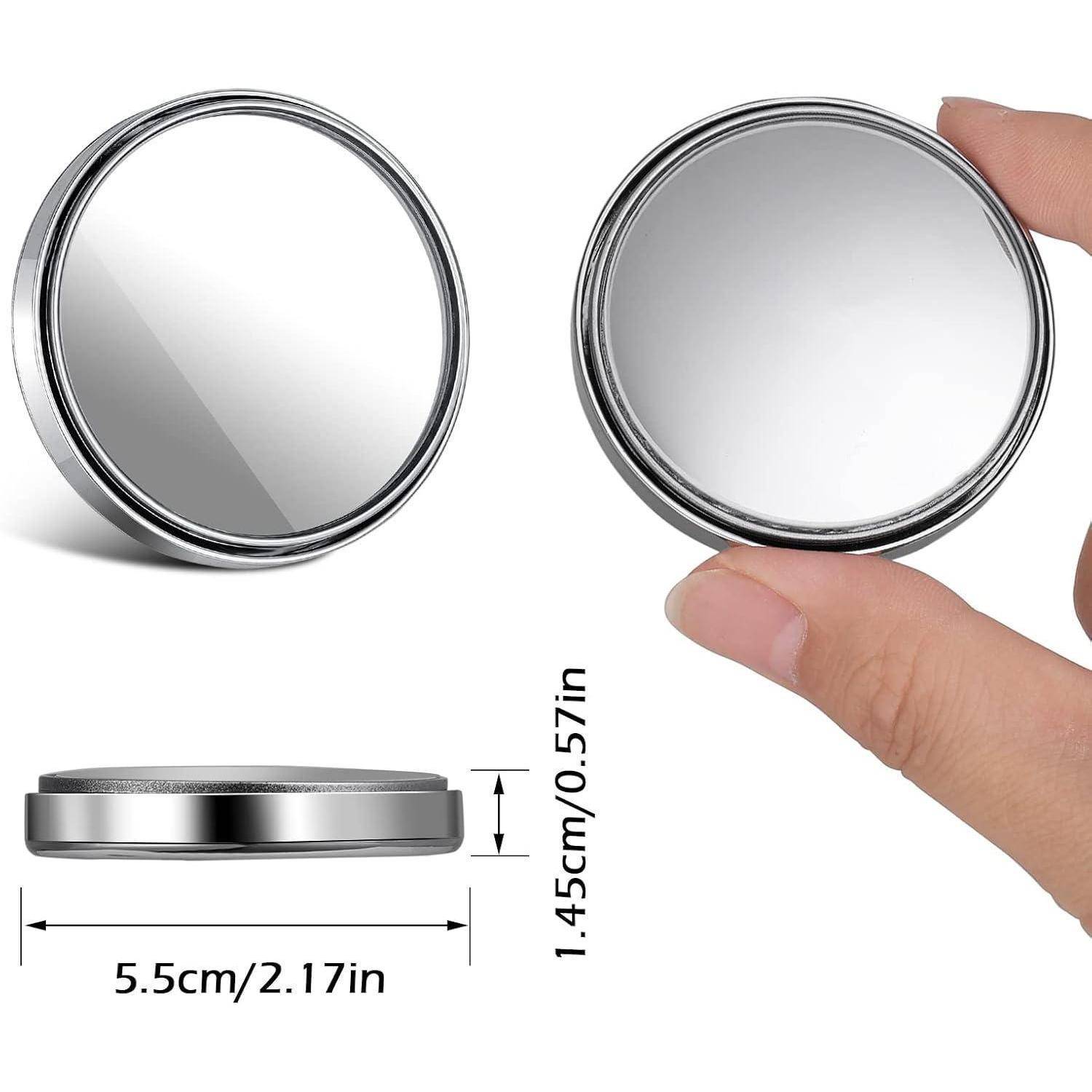 Kleiner runder metallischer Kompaktspiegel, gezeigt von vorne, von der Seite und in der Hand, mit Beschriftung 5,5 cm Durchmesser und 1,45 cm Dicke.