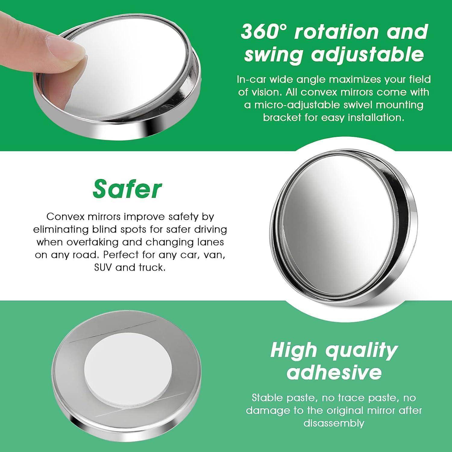 Infografik zur Bewerbung von konvexen Autospiegeln: 360° drehbar, schwenkbar einstellbar, sicherer für tote Winkel, mit hochwertigem Klebstoff und einfacher Installation.