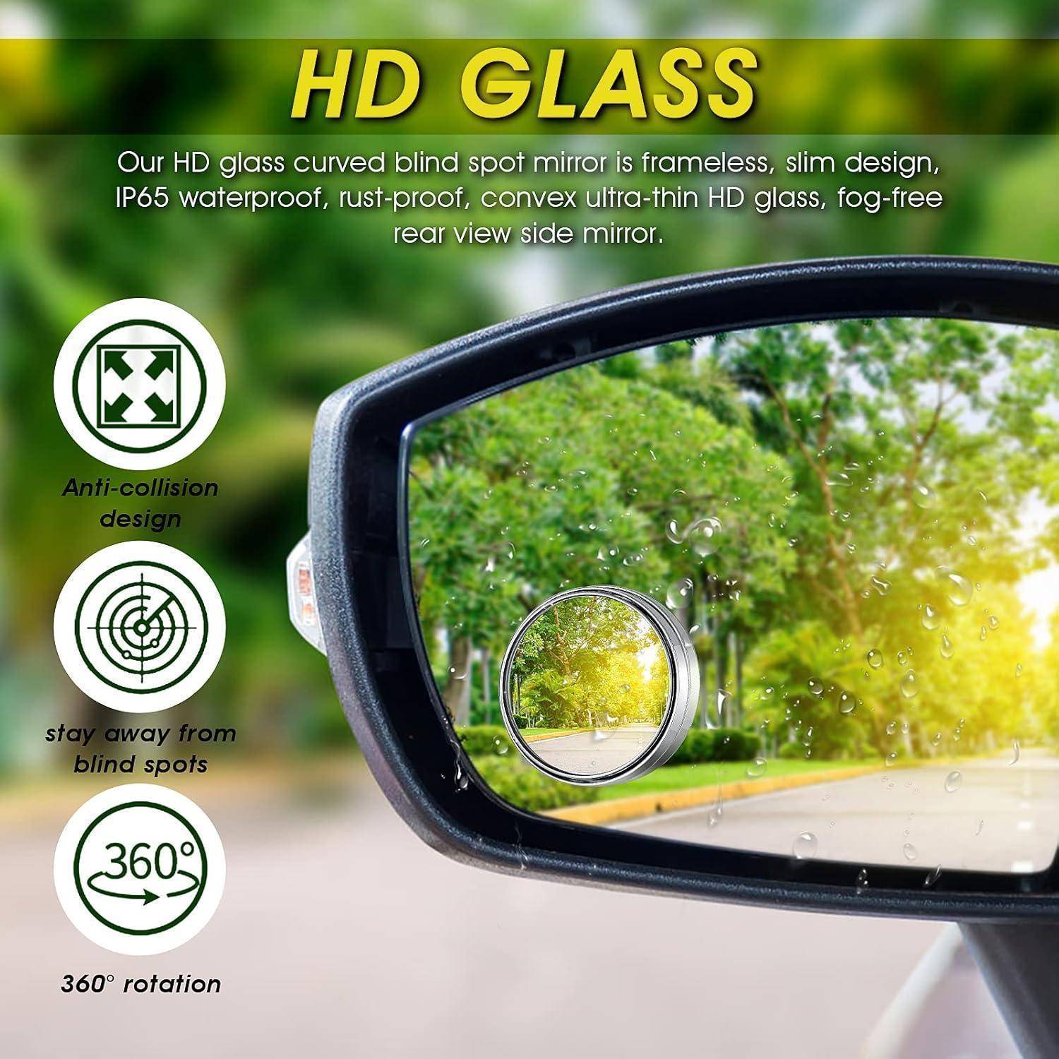 HD-GLAS gewölbter Außenspiegel mit rahmenloses schlankes Design, mit Kollisionsschutz, Toter-Winkel-Abdeckung und 360°-Rotationsfunktion.