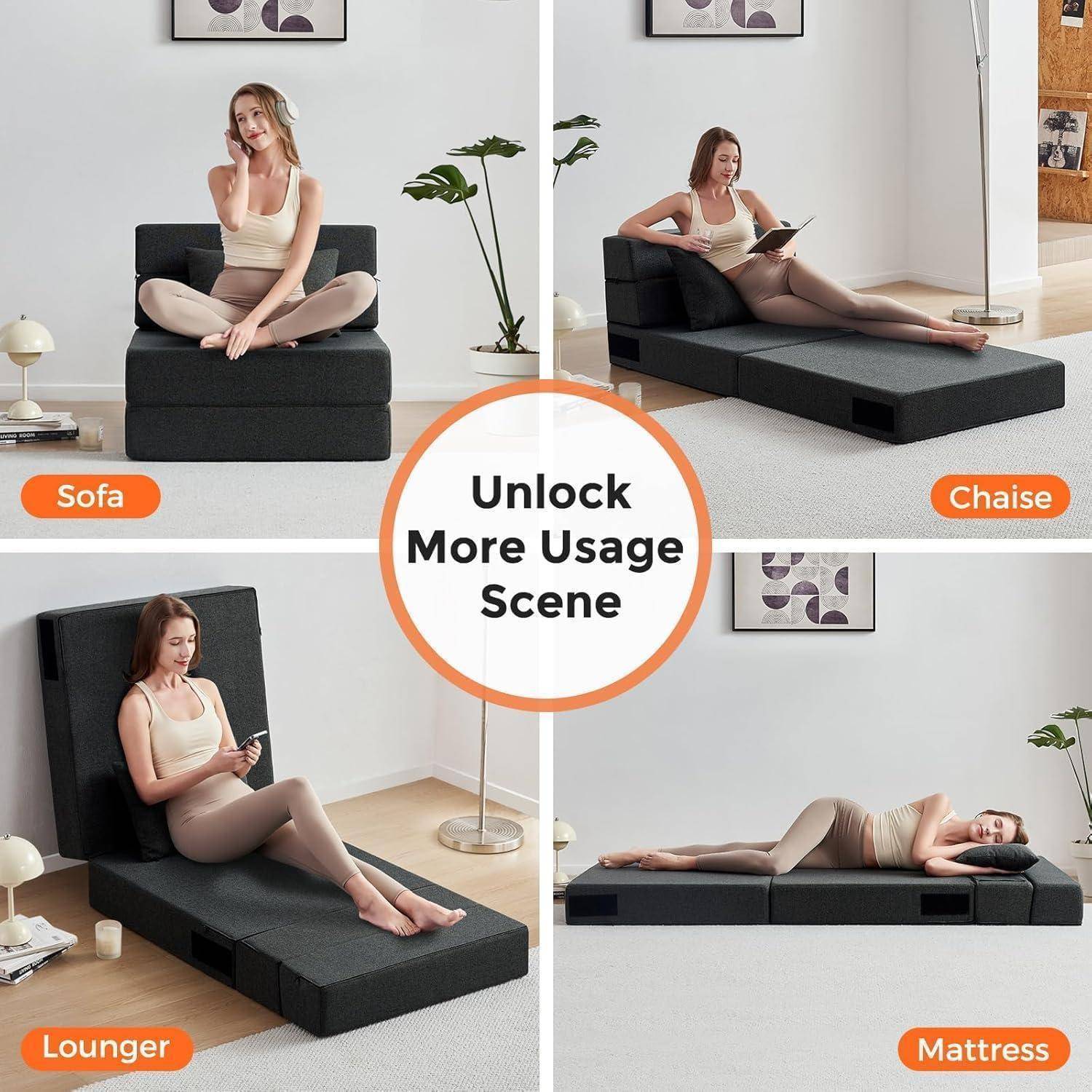 Zusammenklappbares schwarzes Schaumstoff-Sofa, das vier Verwendungsmöglichkeiten zeigt: Sofa, Chaiselongue, Liegestuhl und Matratze, mit einer Frau, die jede Einrichtung demonstriert.