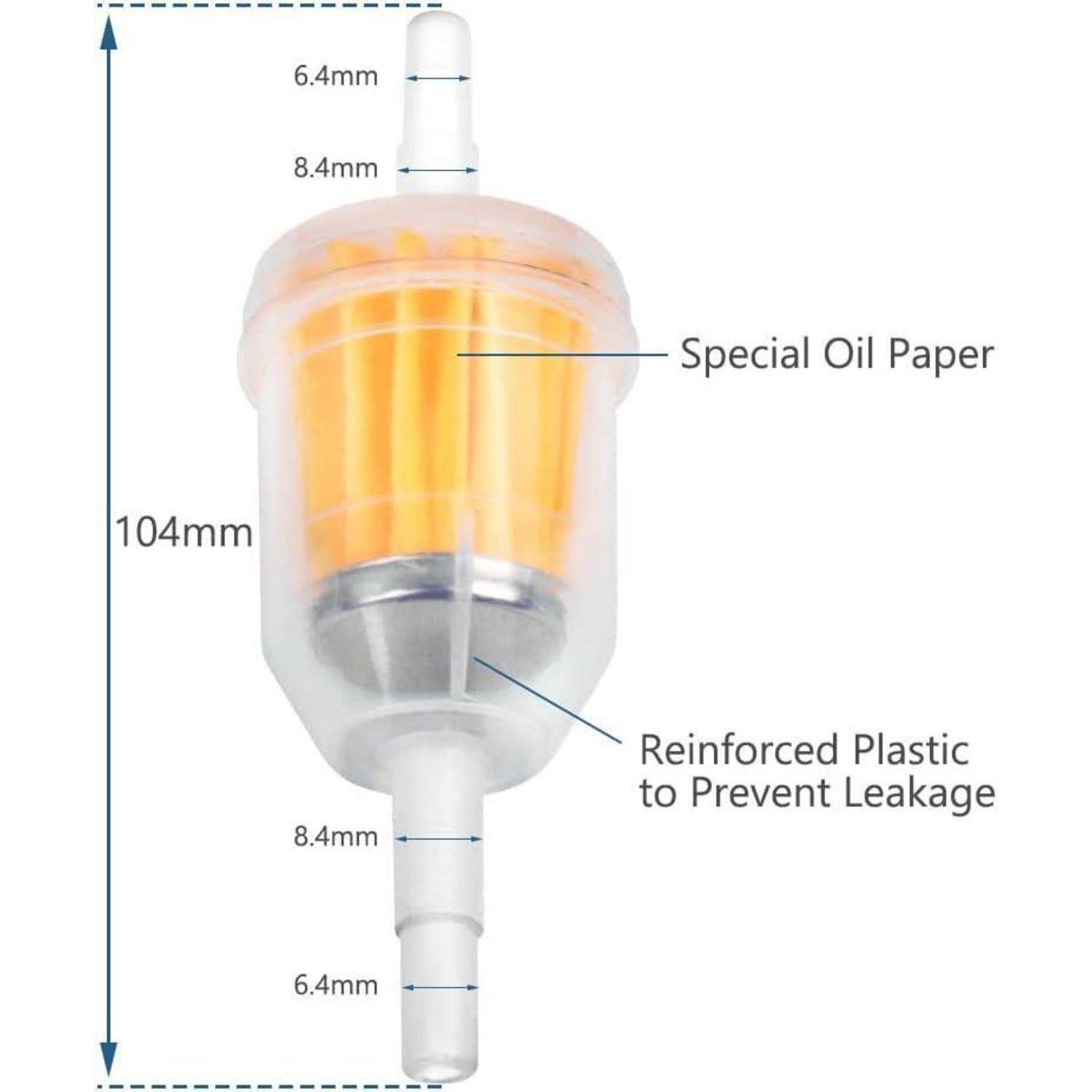 Diagramm eines transparenten Ölfilterpatronen-Behälters mit Abmessungen von 104 mm Höhe und 6,4 mm sowie 8,4 mm Anschlüssen, gekennzeichnet mit 