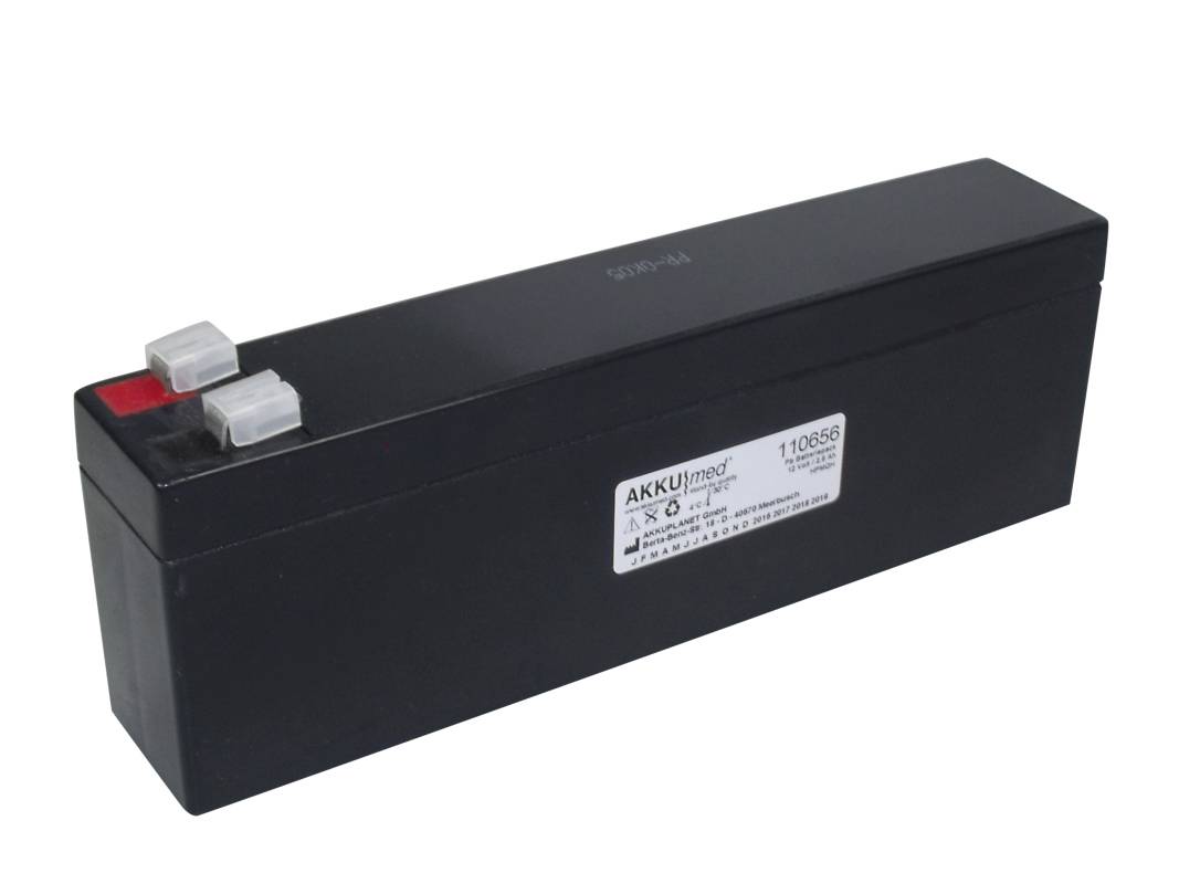 Schwarze rechteckige wiederaufladbare Batterie mit zwei Anschlussposten und einem weißen Etikett oben.