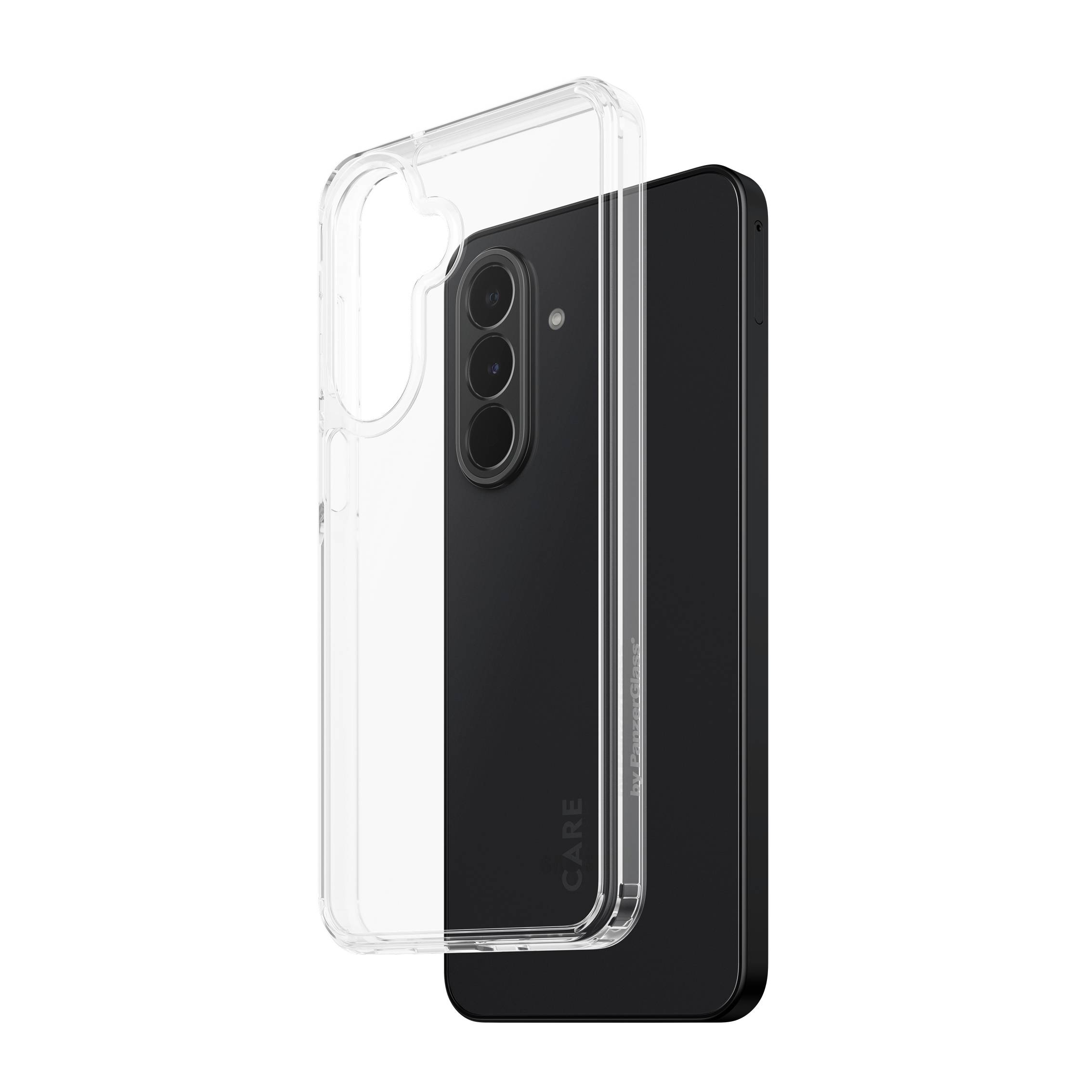 Transparente Schutzhülle für Smartphones, die über einem schwarzen Smartphone gezeigt wird und den Kameraausschnitt und das schlanke, durchsichtige Design hervorhebt.