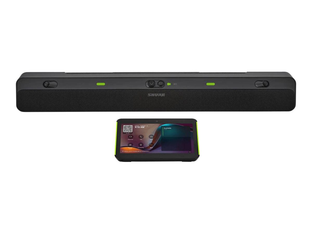 Shure-Videokonferenz-Soundbar mit Kamera mit integrierten Lautsprechern und Statusleuchten, dargestellt über einem Mobilgerät, das seine Steuerungsschnittstelle anzeigt.
