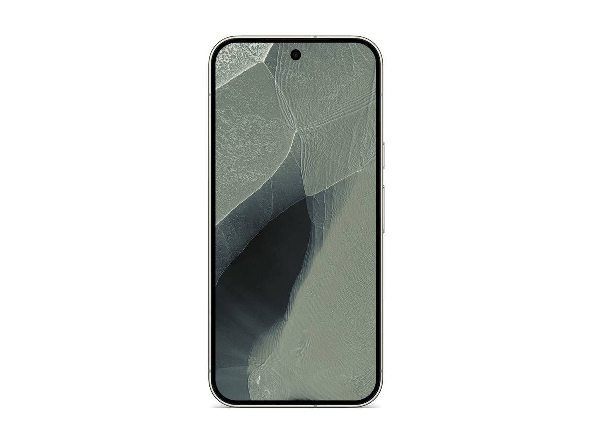 Vorderansicht eines Smartphones mit einer zentralen Lochkamera und abstraktem graugrünem Hintergrundbild auf weißem Hintergrund.