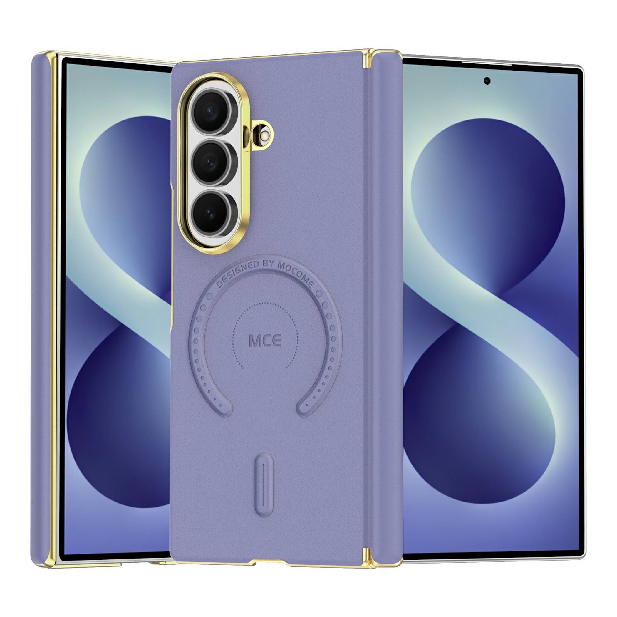 Faltbares Smartphone, aufgeklappt mit lavendelfarbenem Schutzbezug, goldenem Rand und dreifacher Rückfahrtkamera.