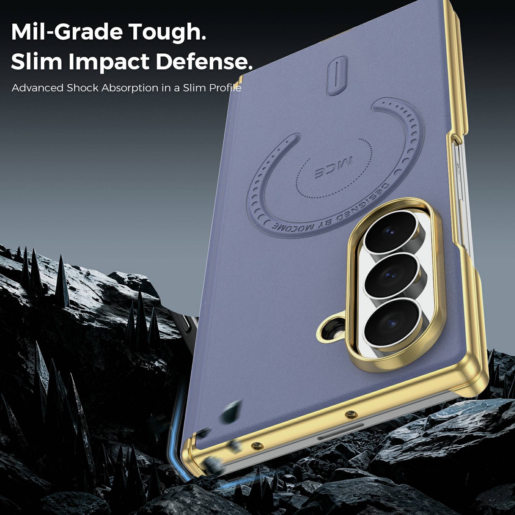 Werbebild eines robusten Smartphone-Cases mit goldfarbenen Kanten, das ein Telefon auf felsigem Gelände zeigt und den Text „Mil-Grade Tough. Slim Impact Defense.