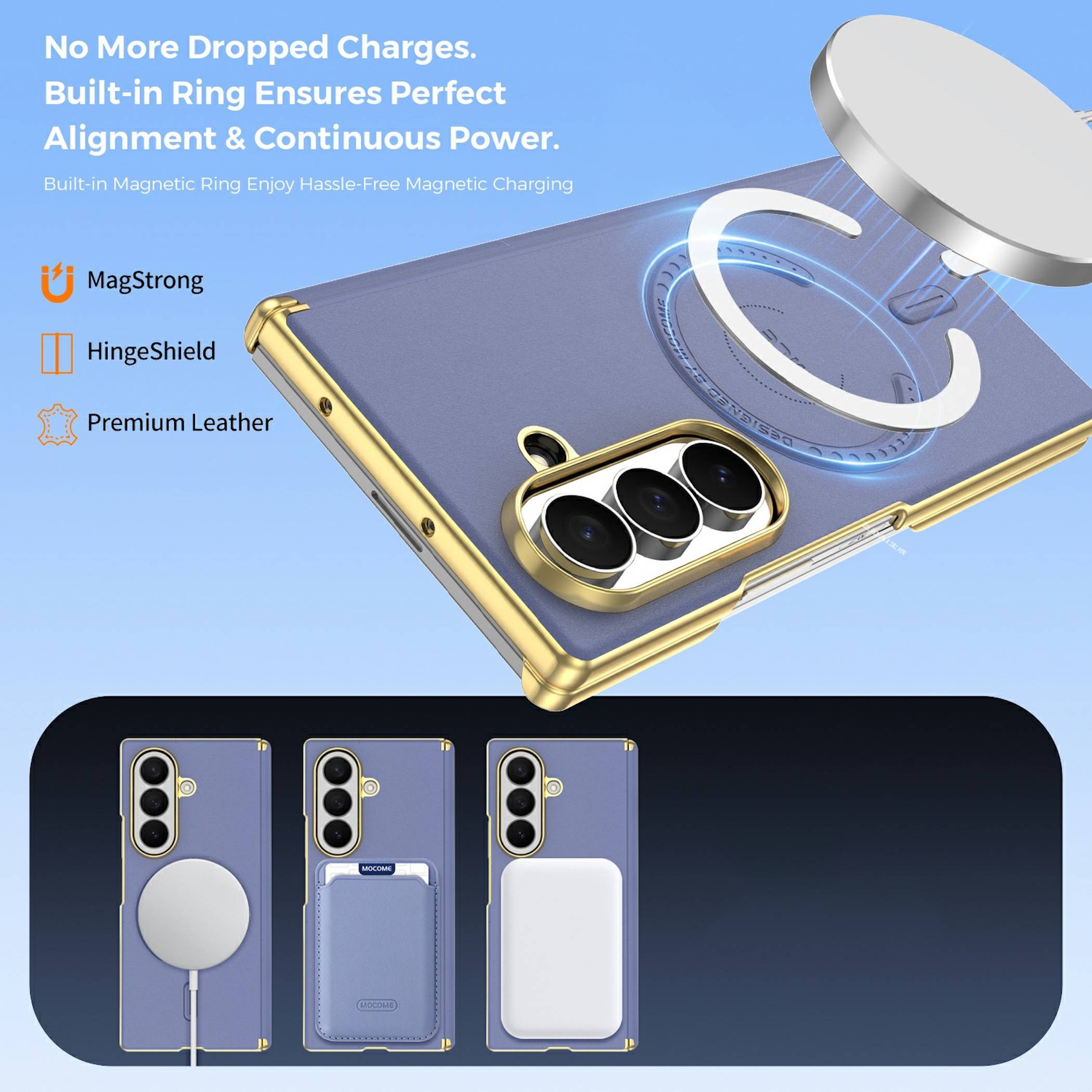 Werbegrafikfür eine faltbare Handyhülle mit integriertem MagSafe-Ring für perfekte Ausrichtung und kabelloses Laden; zeigt magnetischen Ring, Scharnierknoten und Premium-Lederfunktionen.