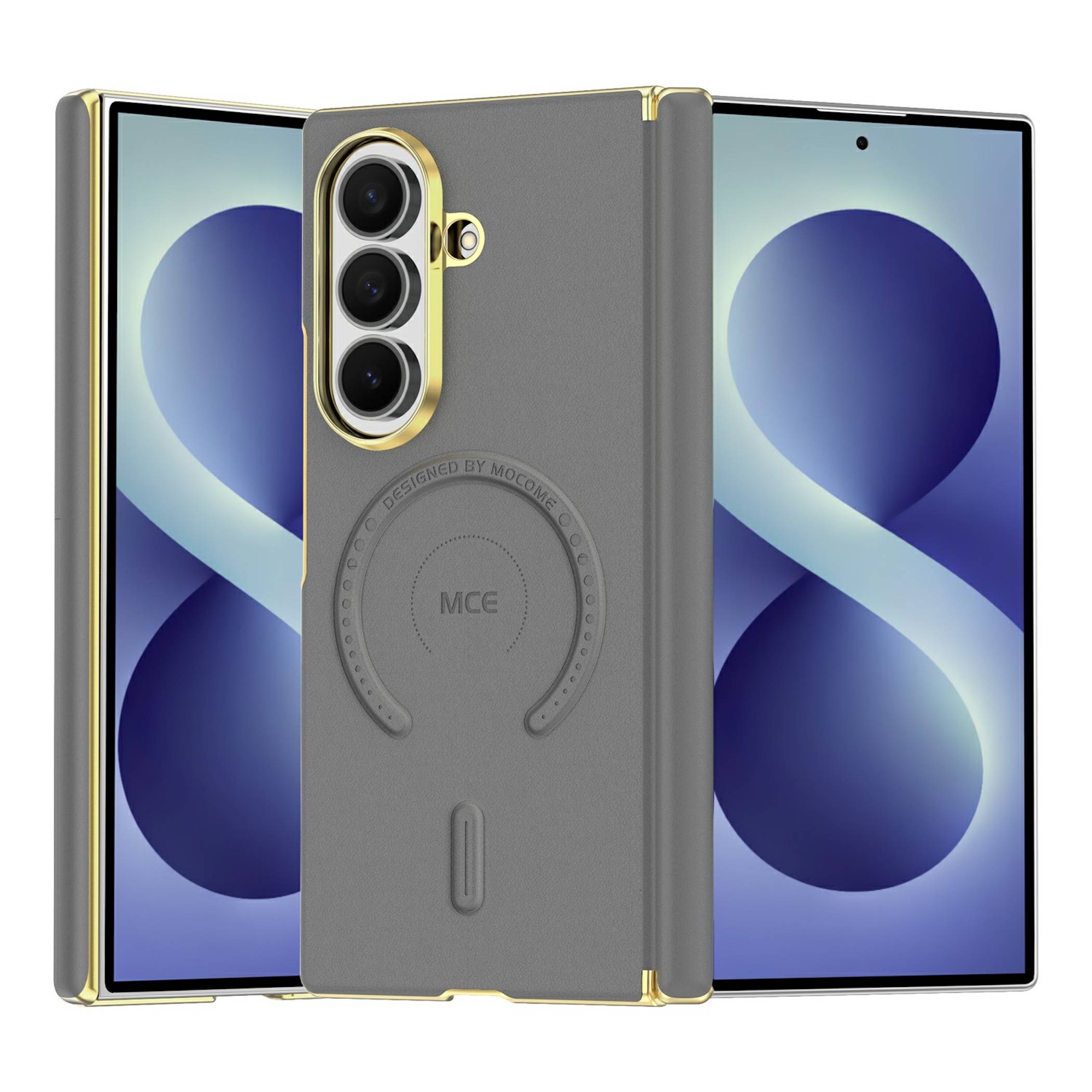 Zusammengeklappbares Smartphone, das offen mit grauem Schutzgehäuse und goldenem Rand gezeigt wird, mit dreifacher Rückkamera und kreisförmigem MagSafe-ähnlichem Ring auf der Rückseite.