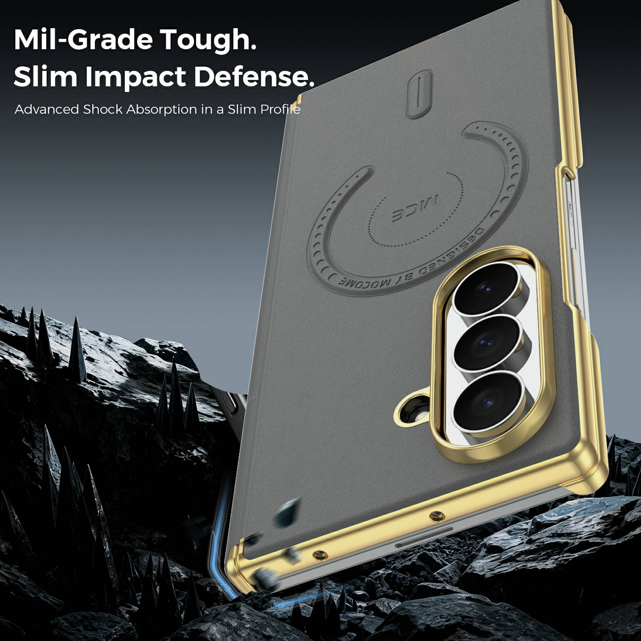 Werbebild einer robusten Smartphone-Schutzhülle mit Goldverzierung und integriertem Ständer, gezeigt auf einem Telefon mit dem Text „Mil-Grade Tough. Slim Impact Defense.