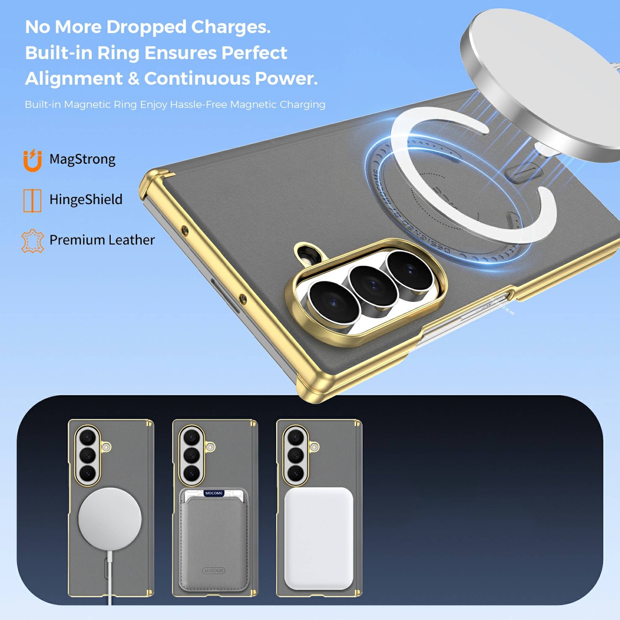 Werbegrafik eines Handyhüllen mit integriertem magnetischem Ring für kabelloses Laden, die perfekte Ausrichtung und kompatible MagSafe-Zubehör zeigt.