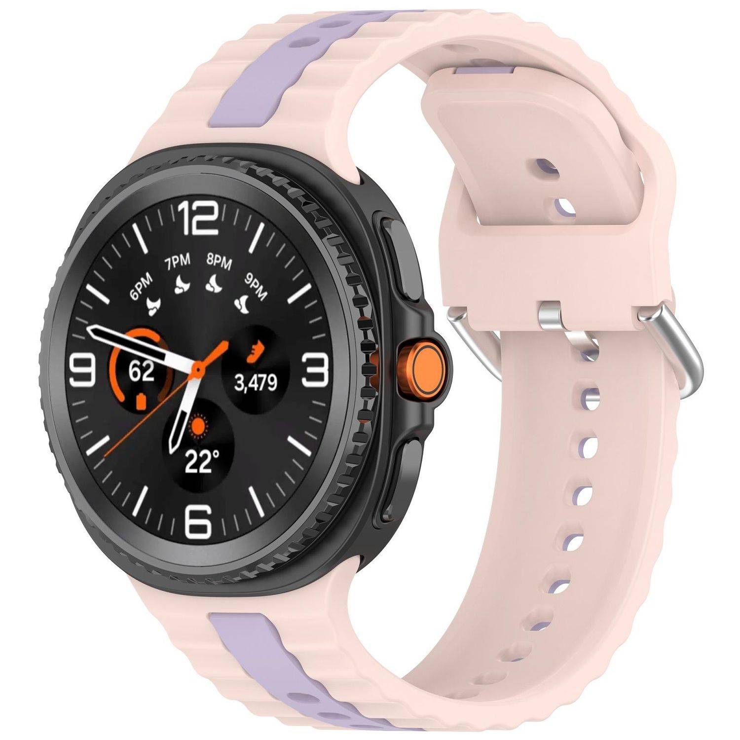 Rosa Smartwatch mit schwarzem Zifferblatt und orangefarbenen Akzenten, zeigt Fitness-Stil-Digitalzifferblätter und Schrittanzahl auf einem Silikonarmband.