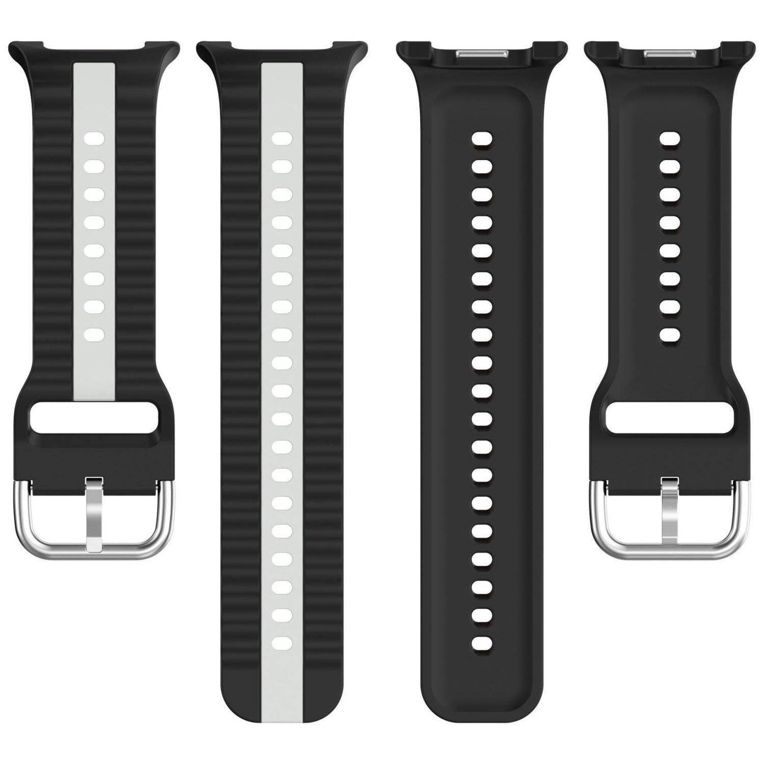 Vier schwarze Smartwatch-Armbänder von vorne und hinten abgebildet, jeweils mit einem silbernen oder schwarzen Verbindungsstreifen und einer Metallschnallenverschluss.