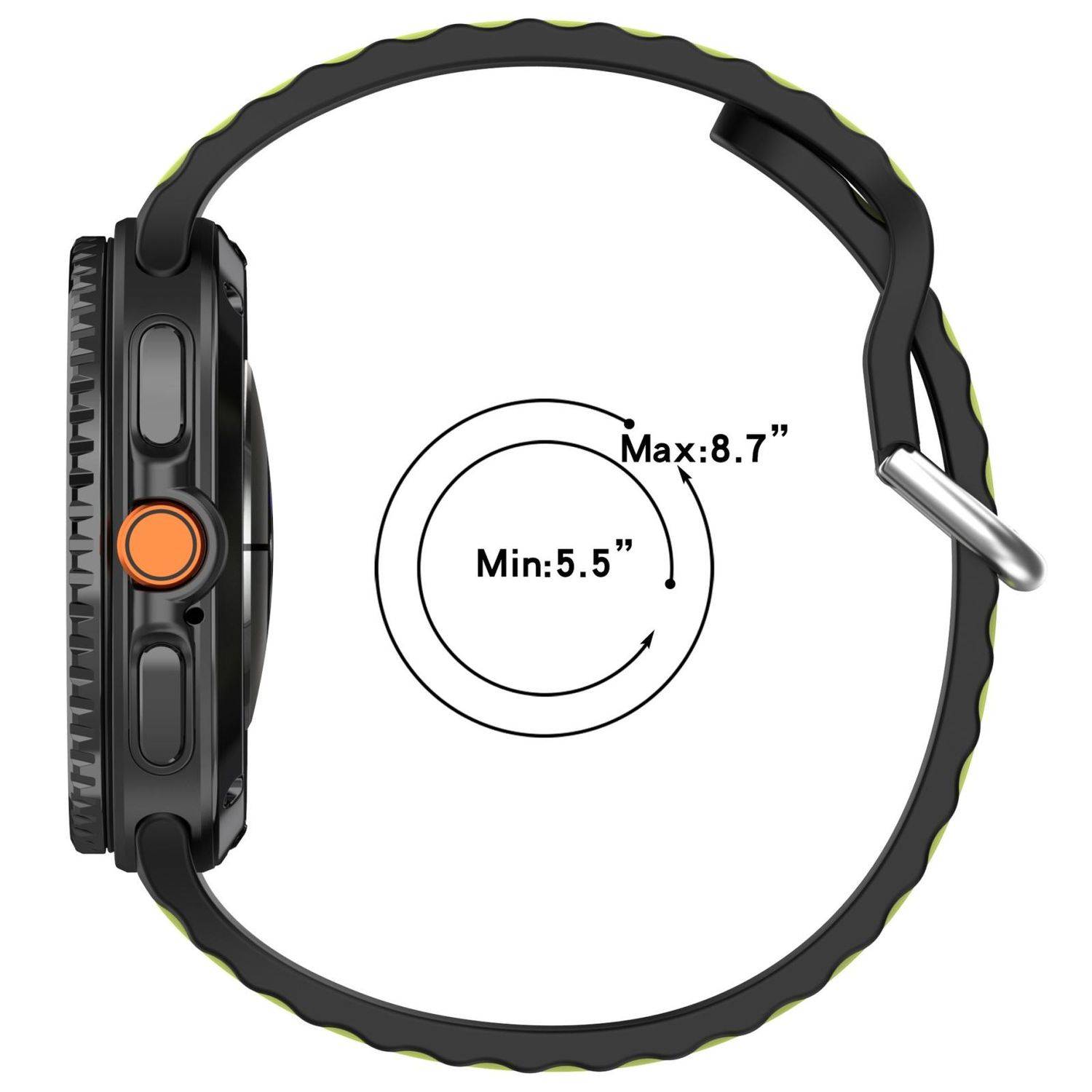 Schwarzes verstellbares Gerät mit Schlaufenriemen, das einen Größenbereich von 5,5" bis 8,7"" aufweist und einen seitlichen orangefarbenen Knopf.