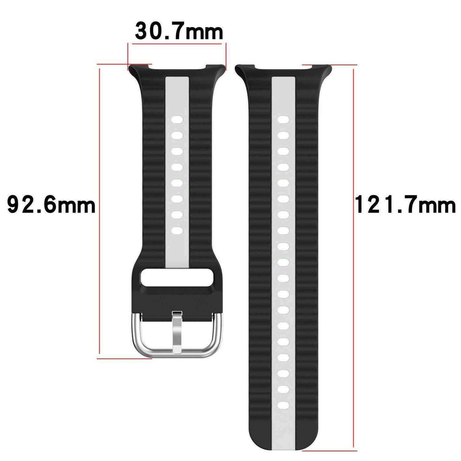 Vergleichsdiagramm eines schwarzen Uhrenarmband mit beschrifteten Abmessungen: 30,7 mm Breite, 92,6 mm kurze Seite und 121,7 mm lange Seite.