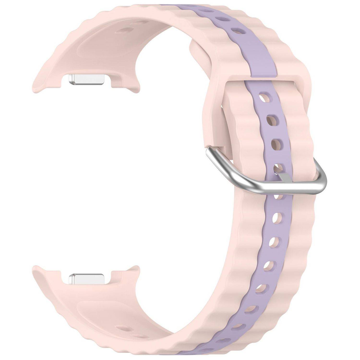 Rosa- und lavendelfarbenes Silikonarmband mit silberner Schließe, vor weißem Hintergrund dargestellt.