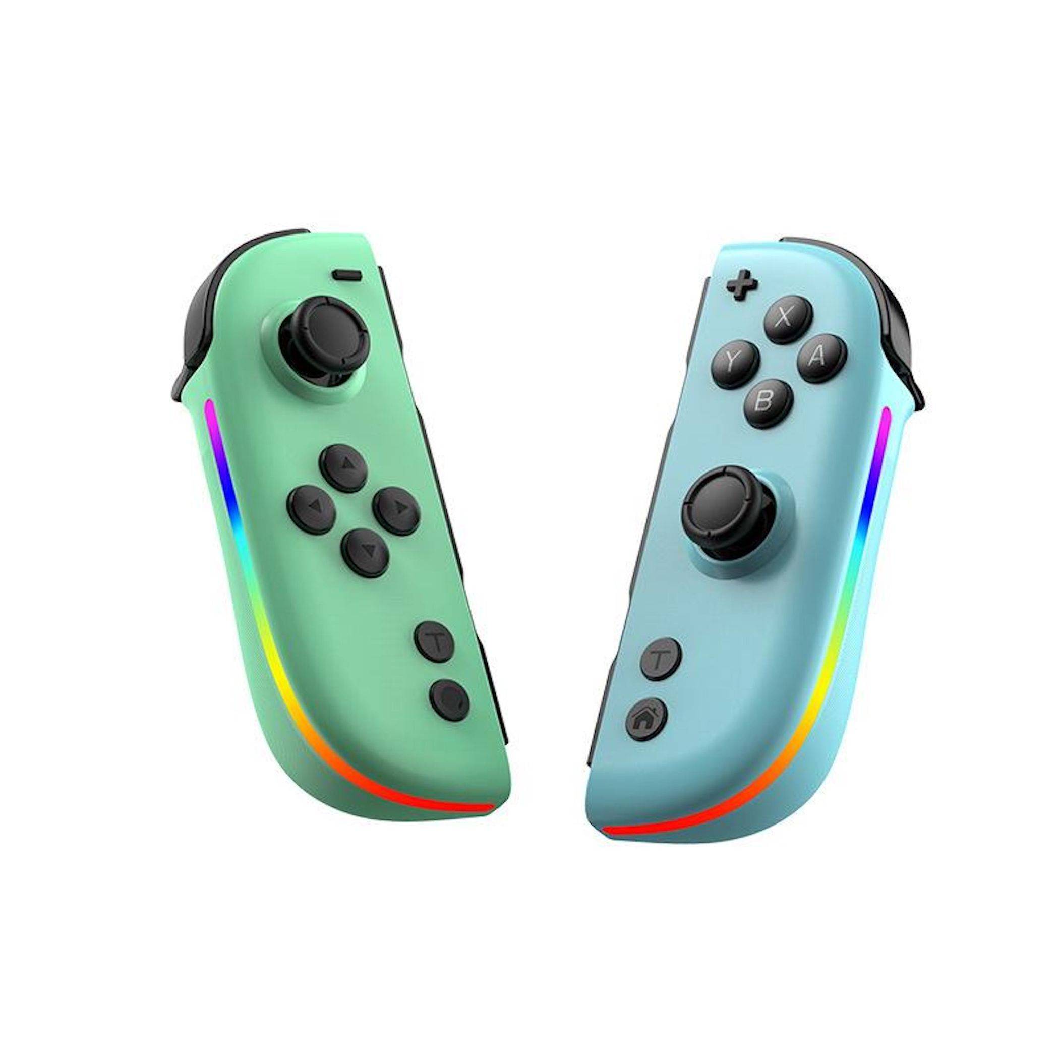 Zwei Nintendo-Switch-ähnliche Joy-Con-Controller, einer grün und einer blau, jeweils mit analogem Stick, Tasten und regenbogenfarbiger Seitenleuchtung auf weißem Hintergrund.