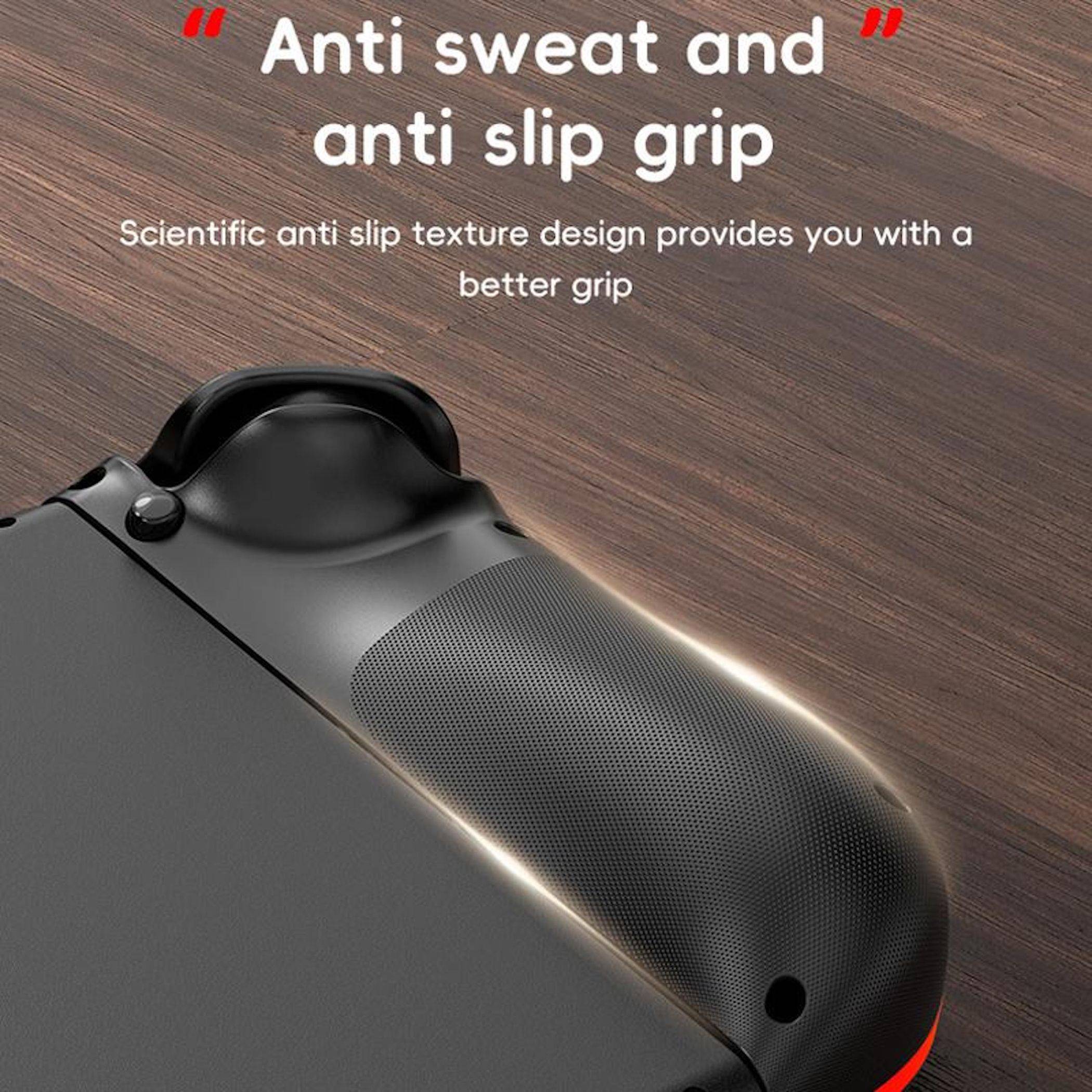 Werbebild eines Gamepad-Griffs mit Text: „Schweißabweisendes und rutschfestes Griffdesign" und „Wissenschaftlich entwickeltes rutschfestes Oberflächendesign bietet dir einen besseren Halt"".