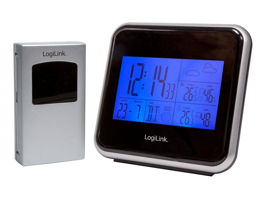 LogiLink digitale Wetterstation mit Innen-/Außensensor, zeigt die Zeit 12:14, Temperatur, Luftfeuchtigkeit und Wettervorhersagesymbole an.