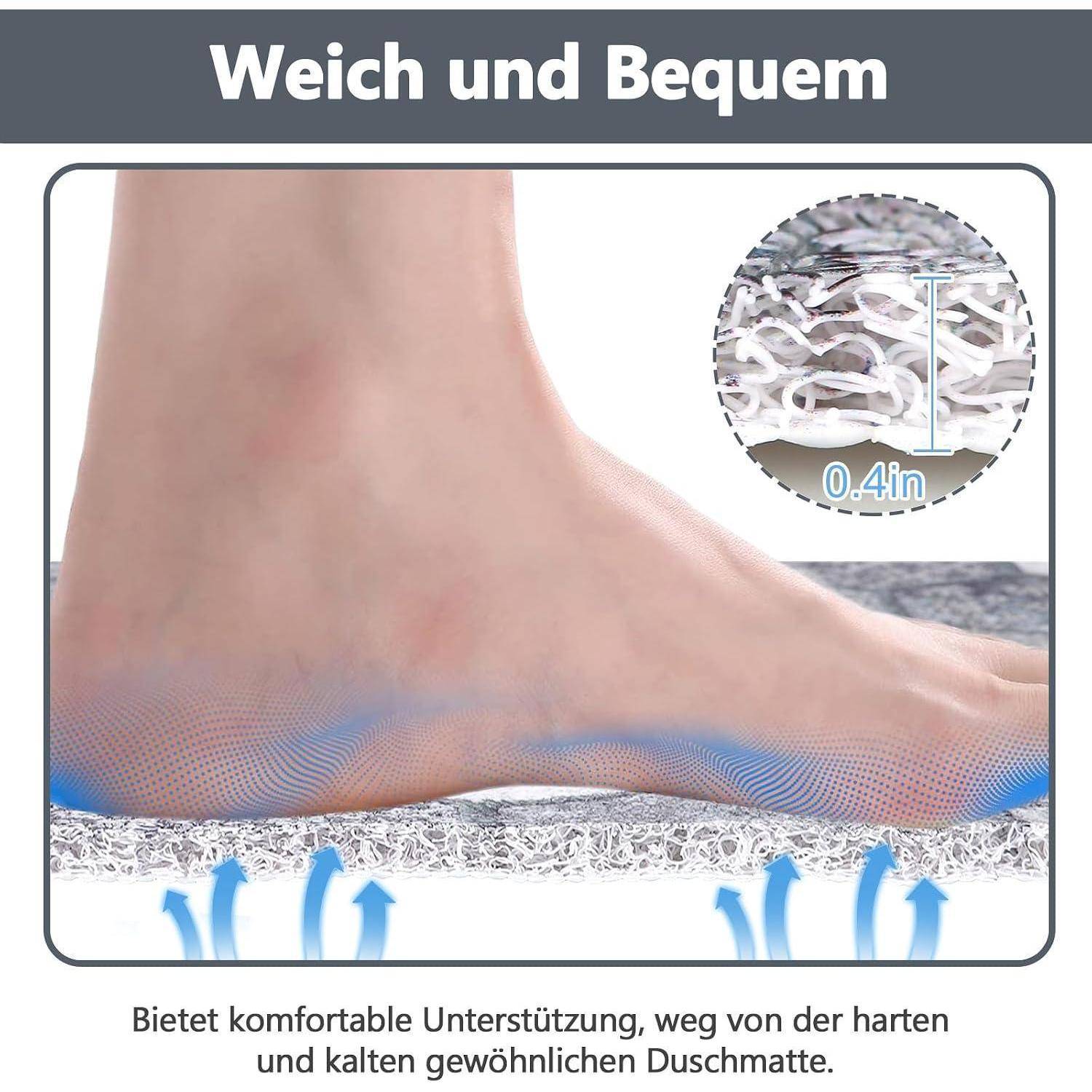 Fuß ruht auf einer gepolsterten Matte und zeigt weiche, stützende Bequemlichkeit; die Vergrößerung hebt eine Dicke von 0,4 Zoll und Luftzirkulation/Druckentlastung hervor.