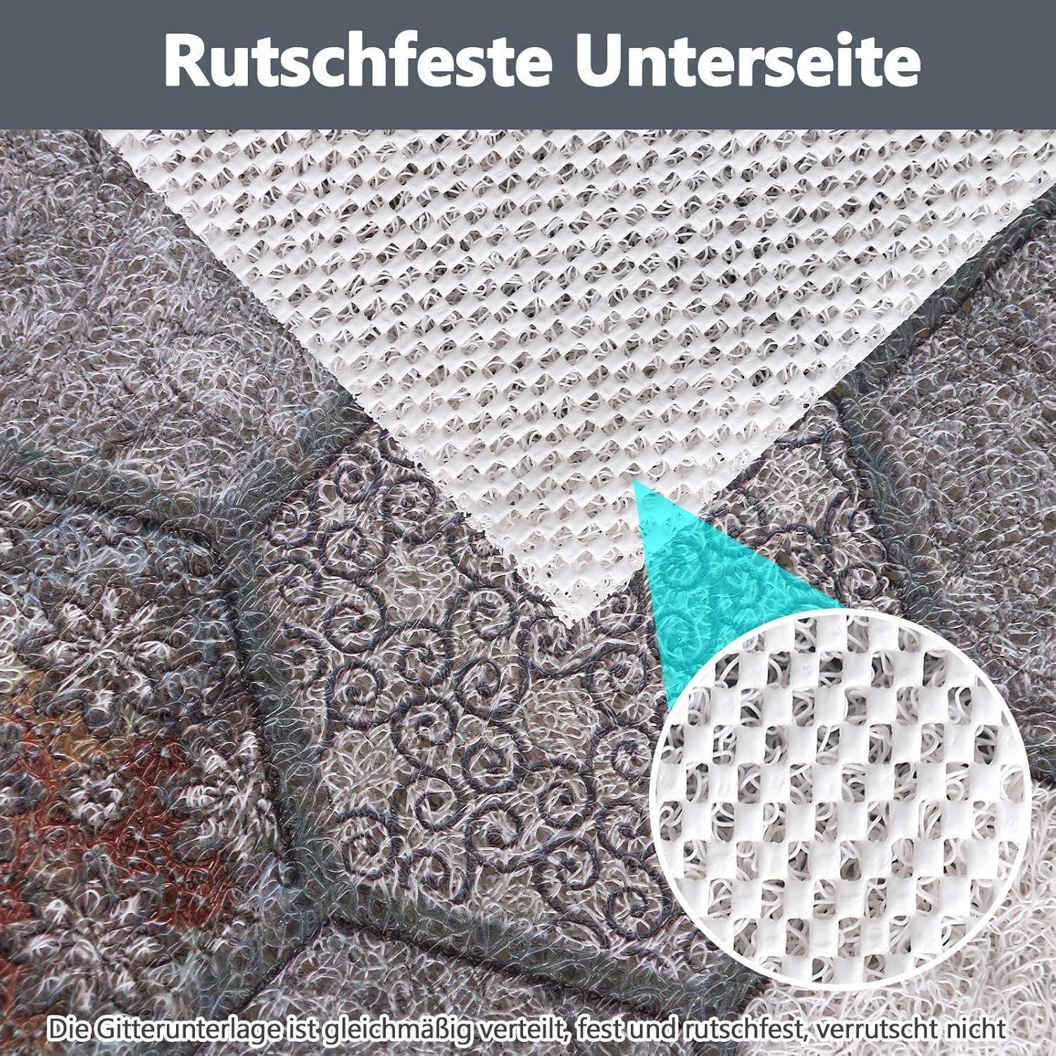Nahaufnahme-Vergleich von Teppichrückstoffen mit der Bezeichnung „Rutschfeste Unterseite