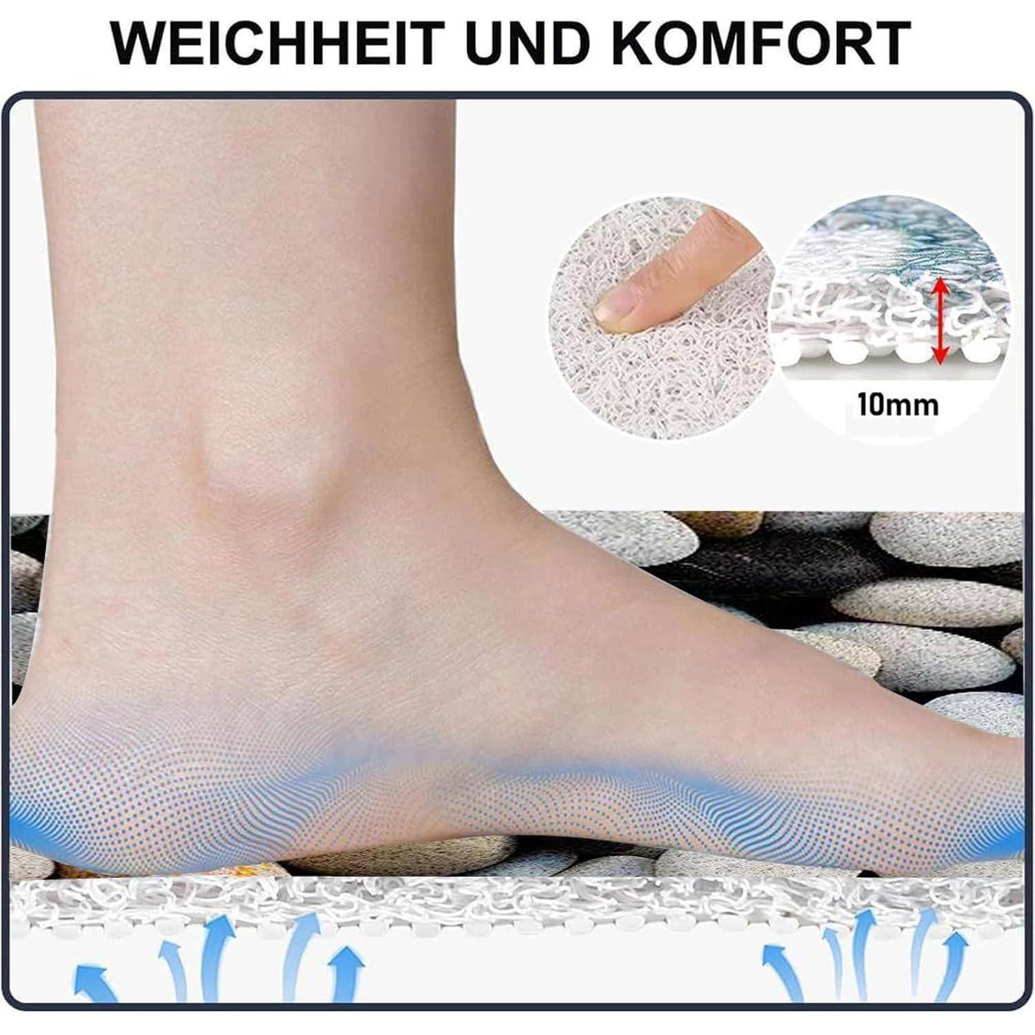 Werbebild, das einen Fuß auf einer gepolsterten Matte zeigt und Weichheit und Komfort hervorhebt; eingefügte Detailbeschriftung kennzeichnet das Material als 10 mm dick.