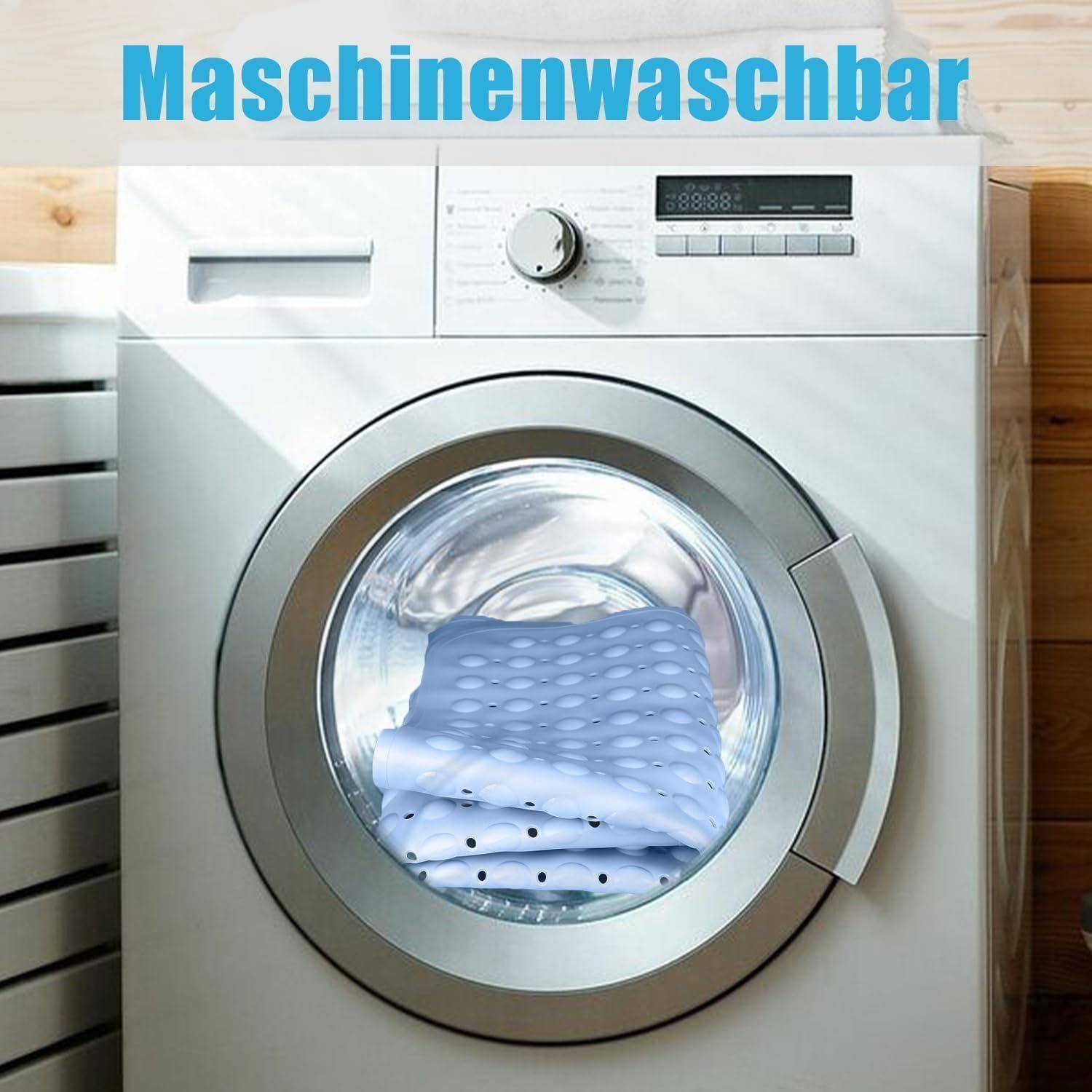 Weiße Frontlader-Waschmaschine mit einer gefalteten Wäschemenge, die in der Trommel sichtbar ist; das Wort „Maschinenwaschbar