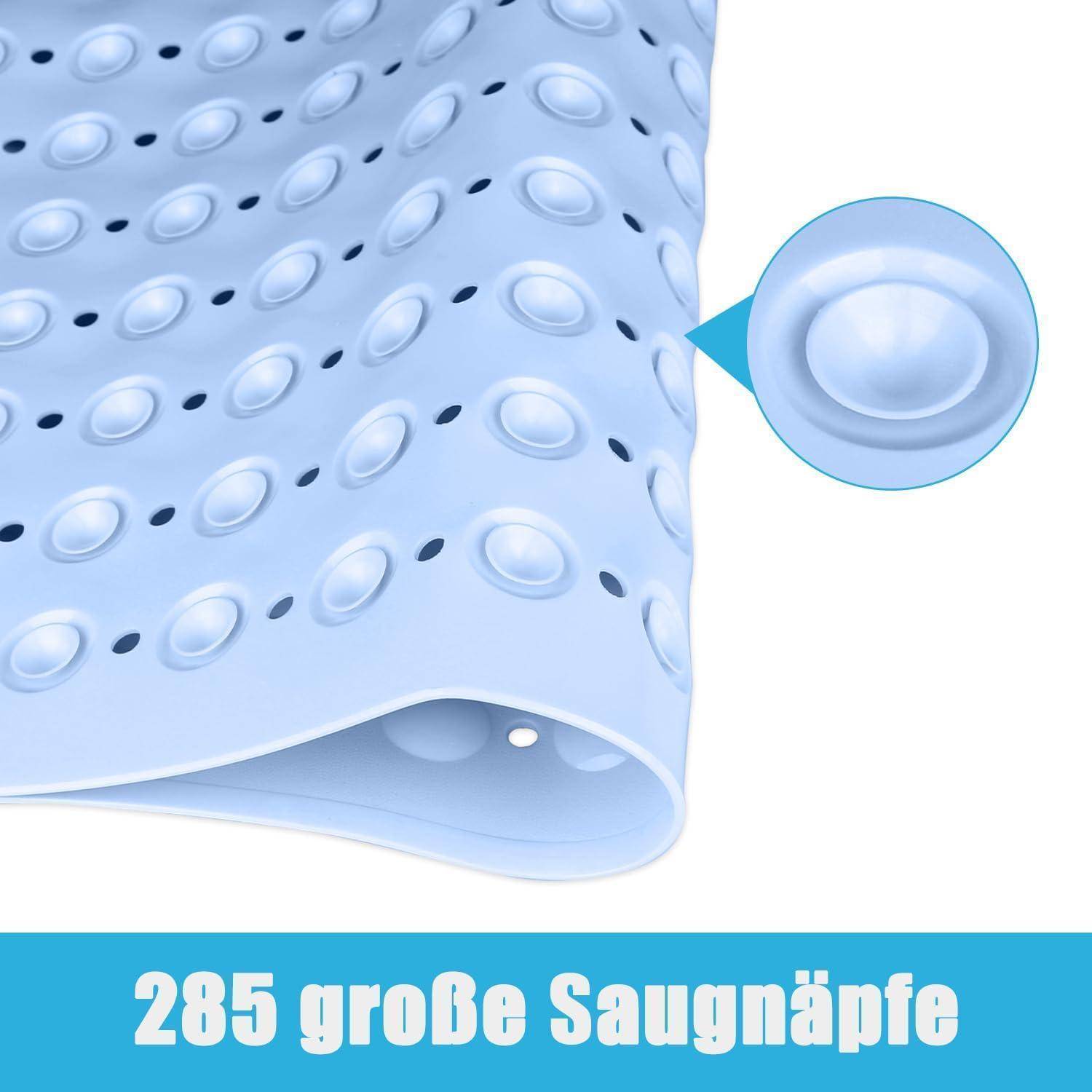 Blaue Silikonmatte mit vielen Saugnäpfen; der Text besagt „285 große Saugnäpfe