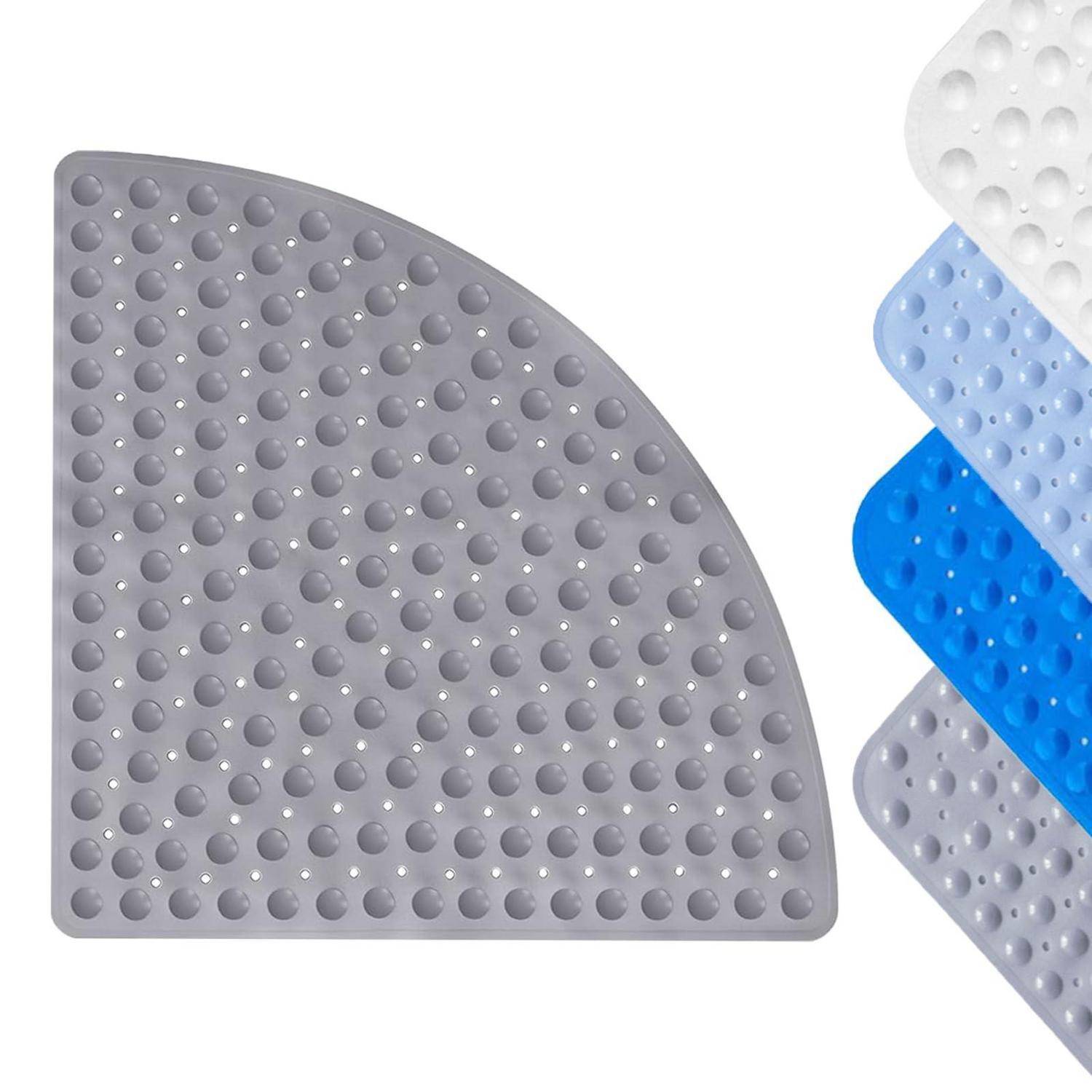 Graue Halbkreis-Silikonmatte mit Textur, rechts dargestellt mit gestapelten weißen, hellblauen, blauen und grauen Versionen.