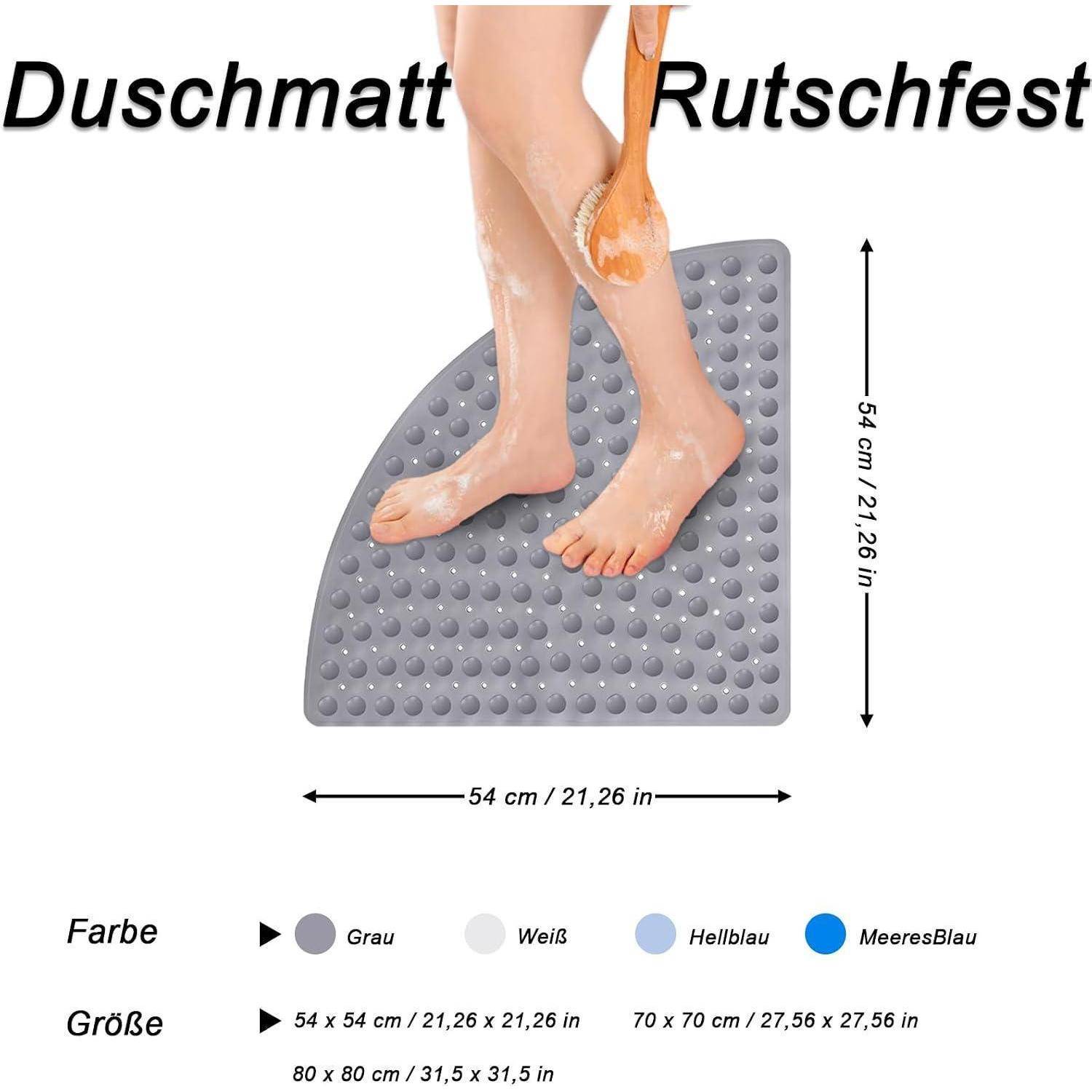 Werbebild einer rutschfesten Duschenmatte mit der Bezeichnung „Duschmatt Rutschfest", das Füße auf einer grauen strukturierten Matte zeigt, mit Größenangaben von 54 cm x 54 cm und Farboptionen.