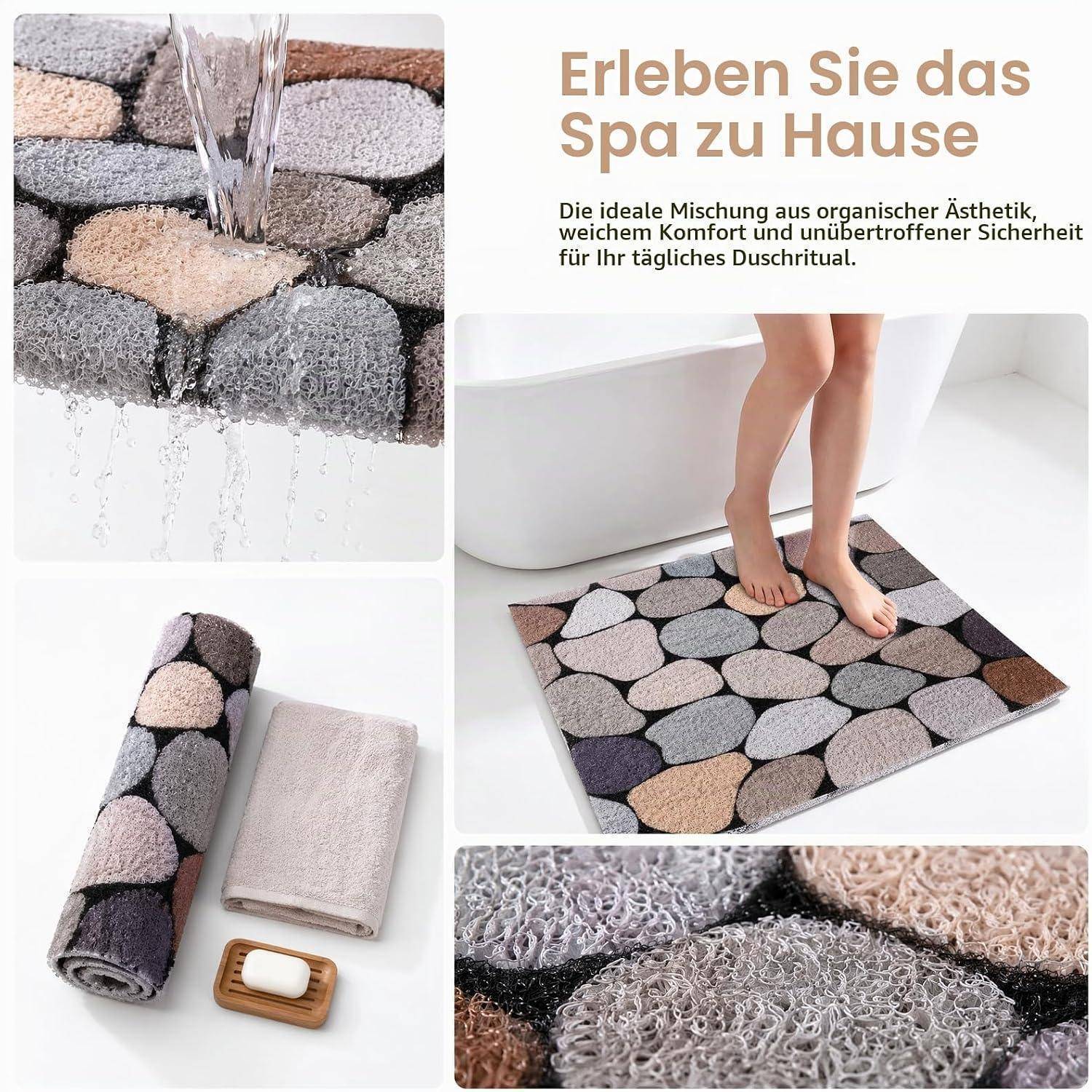 Collage zeigt eine Badezimmermatte mit Kieselsteinmuster aus absorbierenden Schleifen; deutscher Text besagt „Erleben Sie das Spa zu Hause
