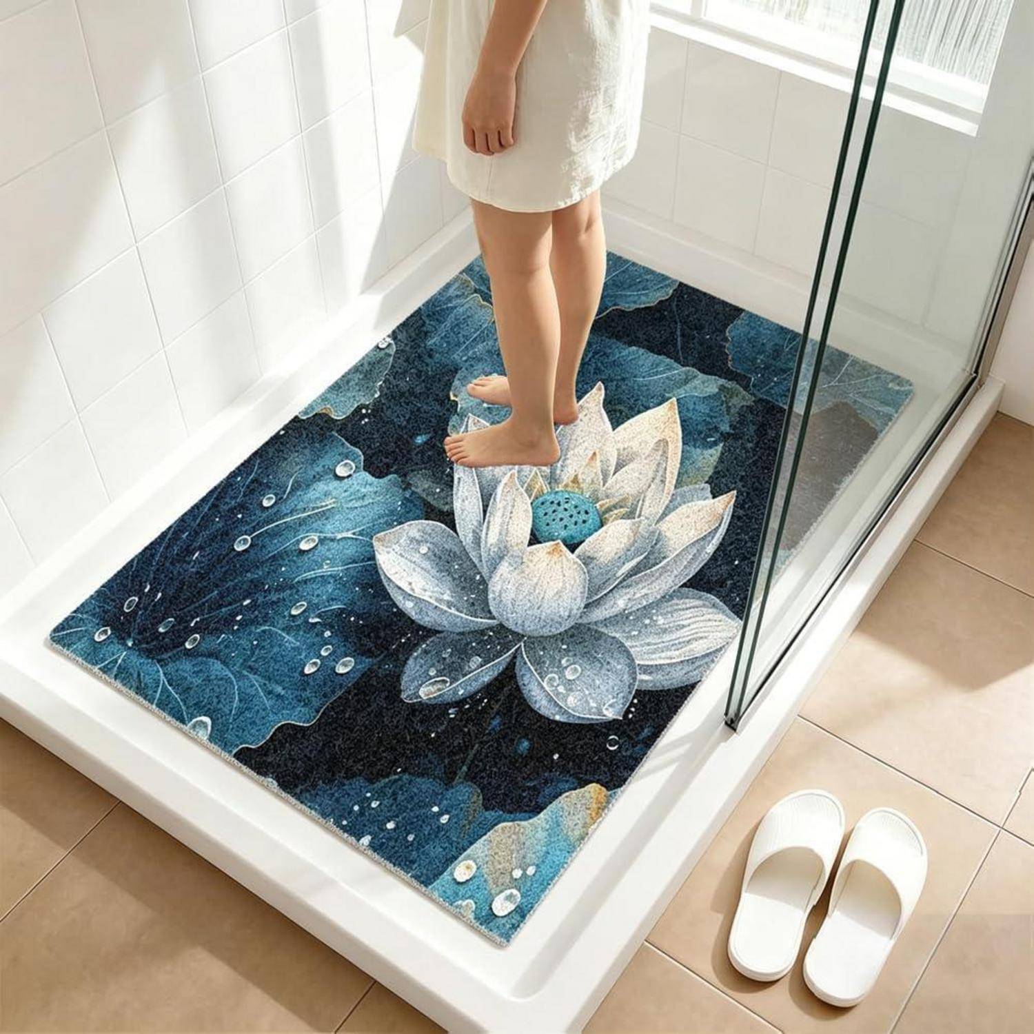Kind, das barfuß in einer Duschkabine mit einer Lotusblumen-Bodenmatte steht; weiße Hausschuhe sitzen außerhalb der Dusche.