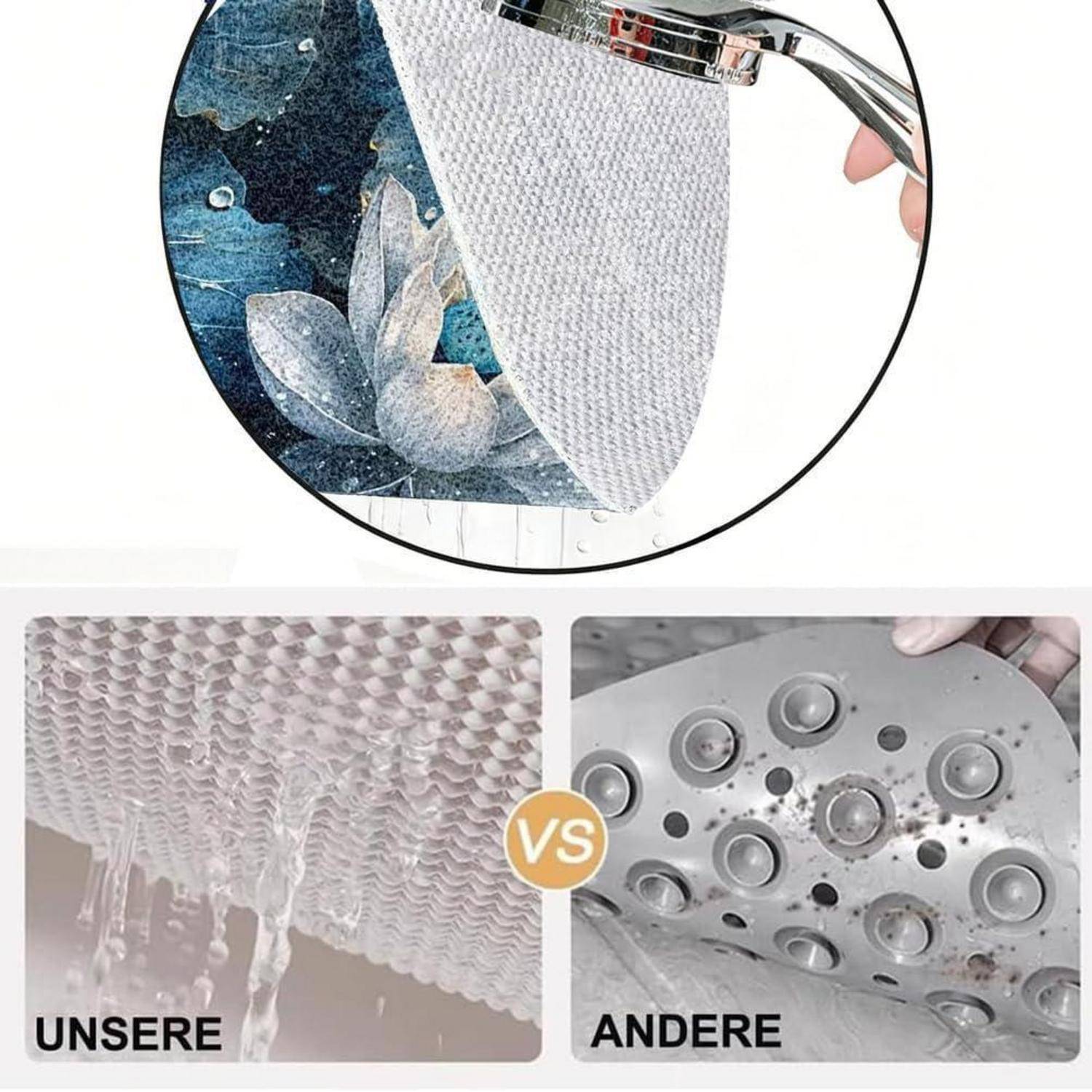 Vergleichsbild, das unser Gewebe mit Wassertropfen und Tropfen zeigt versus anderes Gewebe mit Wassertropfen, die sich auf der Oberfläche sammeln; beschriftet mit 