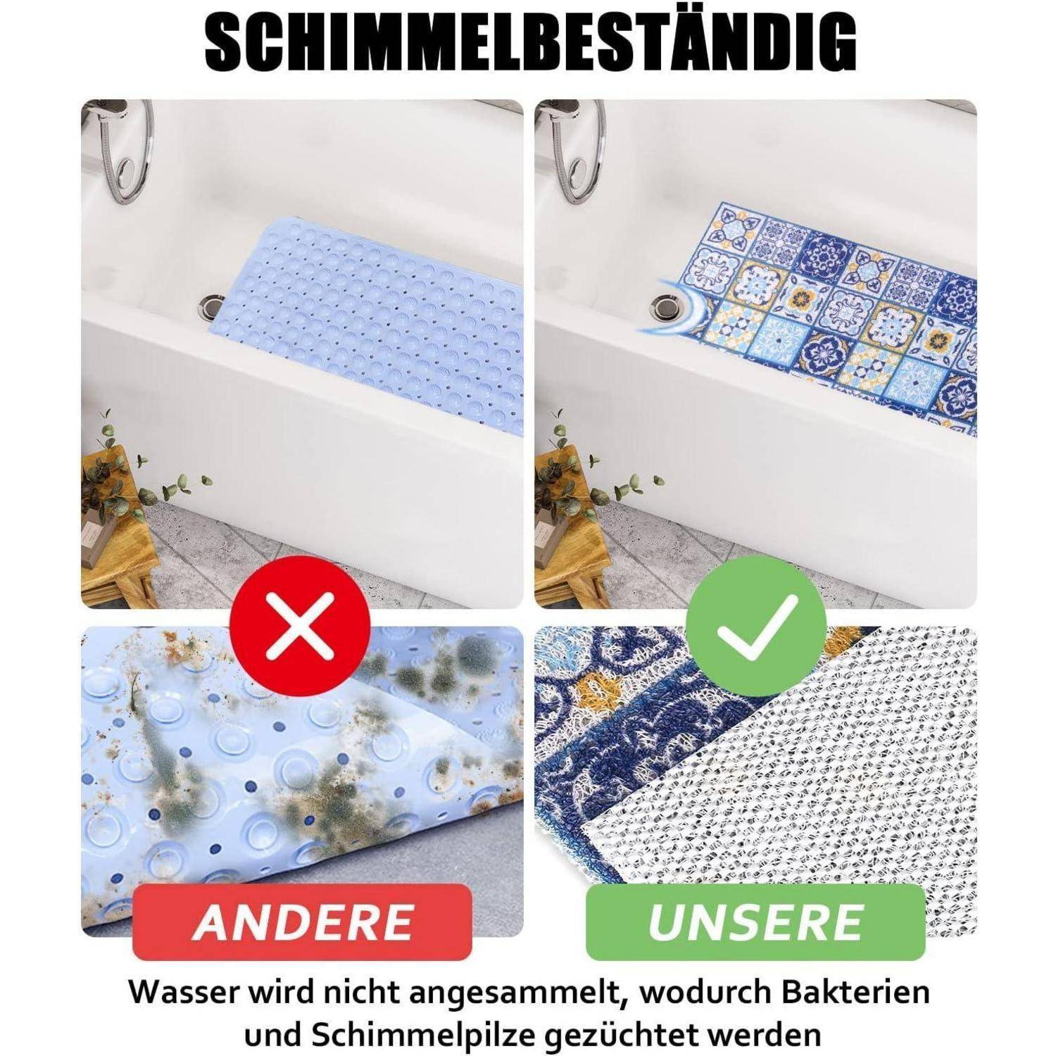 Vergleichsanzeige für 'schimmelbeständige' Badematten: Andere Matten stauen Wasser und Schimmel, während 'unsere' gemusterte Matte Wasser ableitend und resistent gegen Bakterien und Mehltau ist.