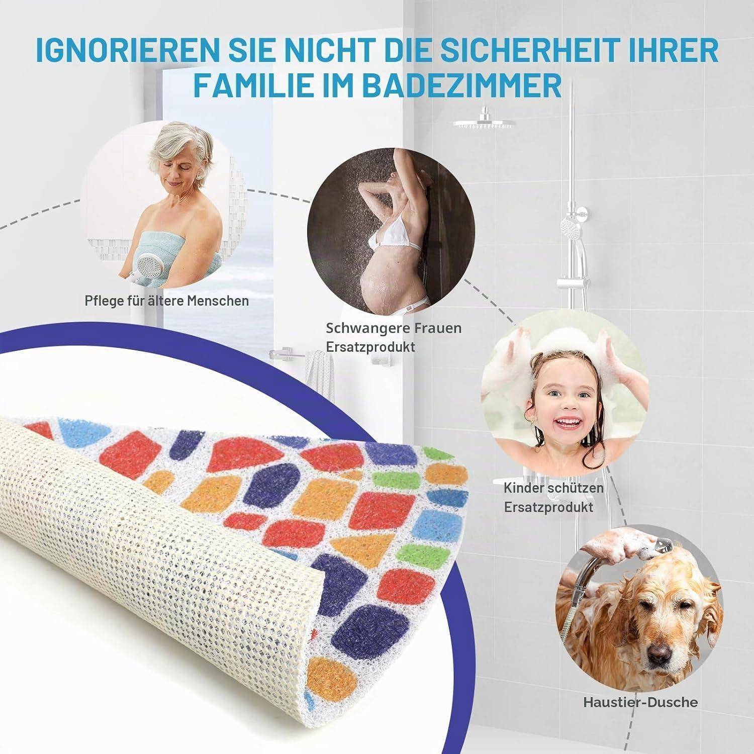 Infografik einer rutschfesten Badezimmermatte in einer Dusche, die die Sicherheit der Familie für ältere Erwachsene, schwangere Frauen, Kinder und Haustiere fördert.
