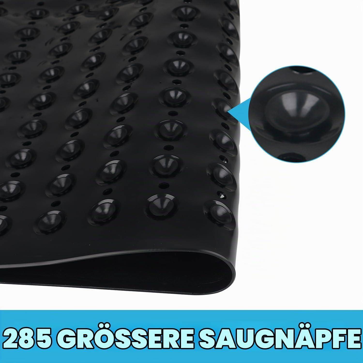 Schwarze Gummidrainage-Matte mit erhabenen Saugnäpfen, in Nahaufnahme mit vergrößertem Ausschnitt der Napftextur gezeigt; Text liest „285 GRÖSSERE SAUGNÄPFE