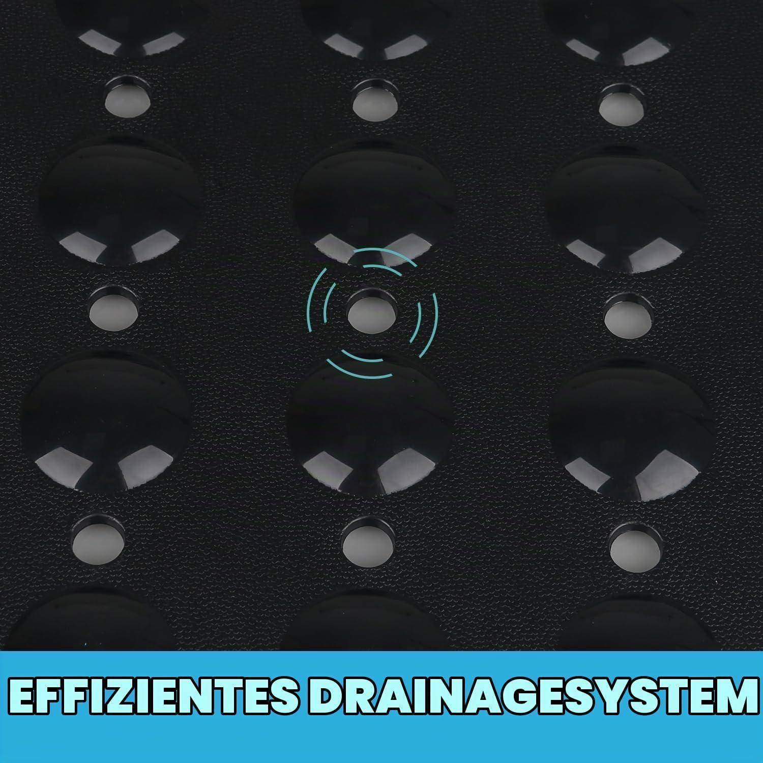 Diagramm eines Drainagesystems mit wiederholten kreisförmigen Drainageöffnungen auf einer dunklen Oberfläche, mit der Bezeichnung „EFFIZIENTES DRAINAGESYSTEM