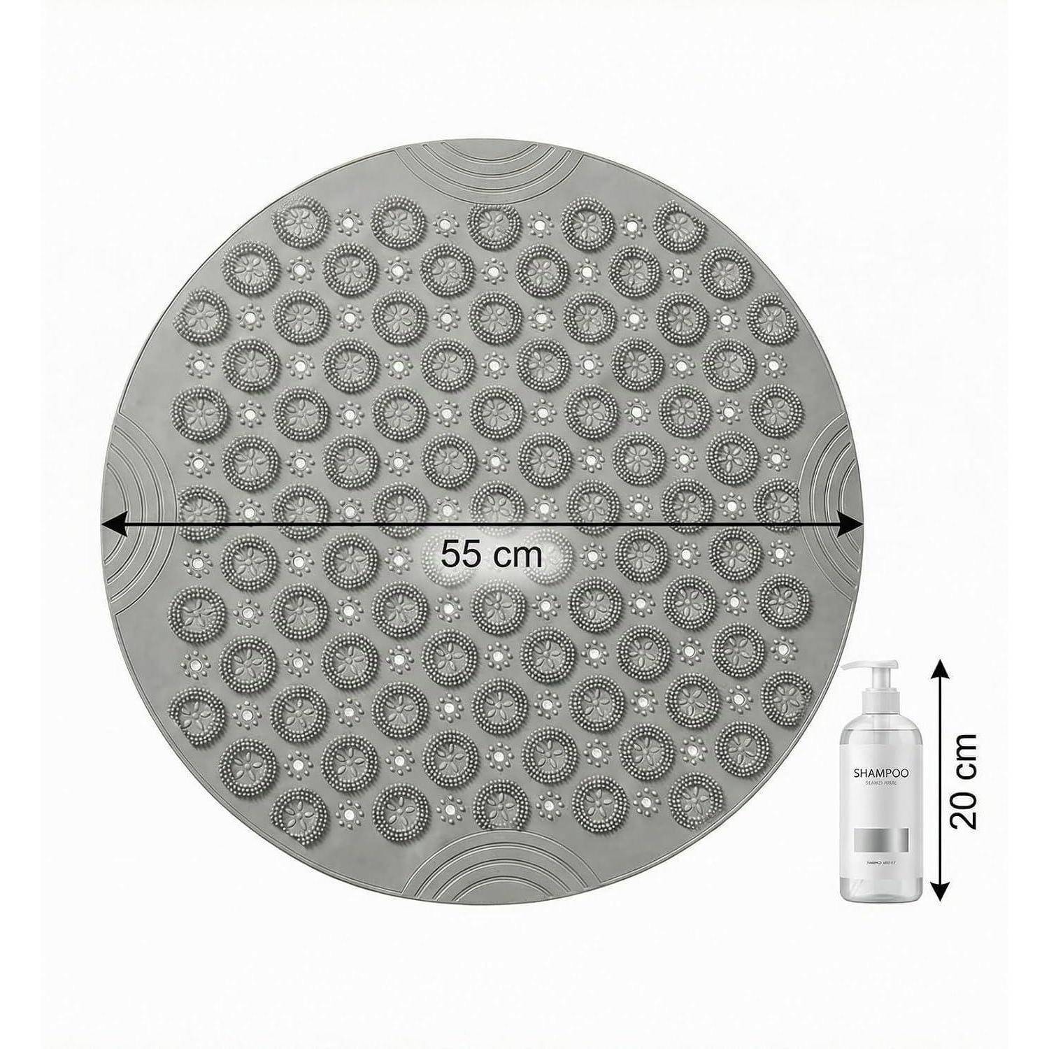 Runde graugemusterte Matte, dargestellt mit Größenangaben: 55 cm Durchmesser und 20 cm hohe Shampooflasche als Größenvergleich.