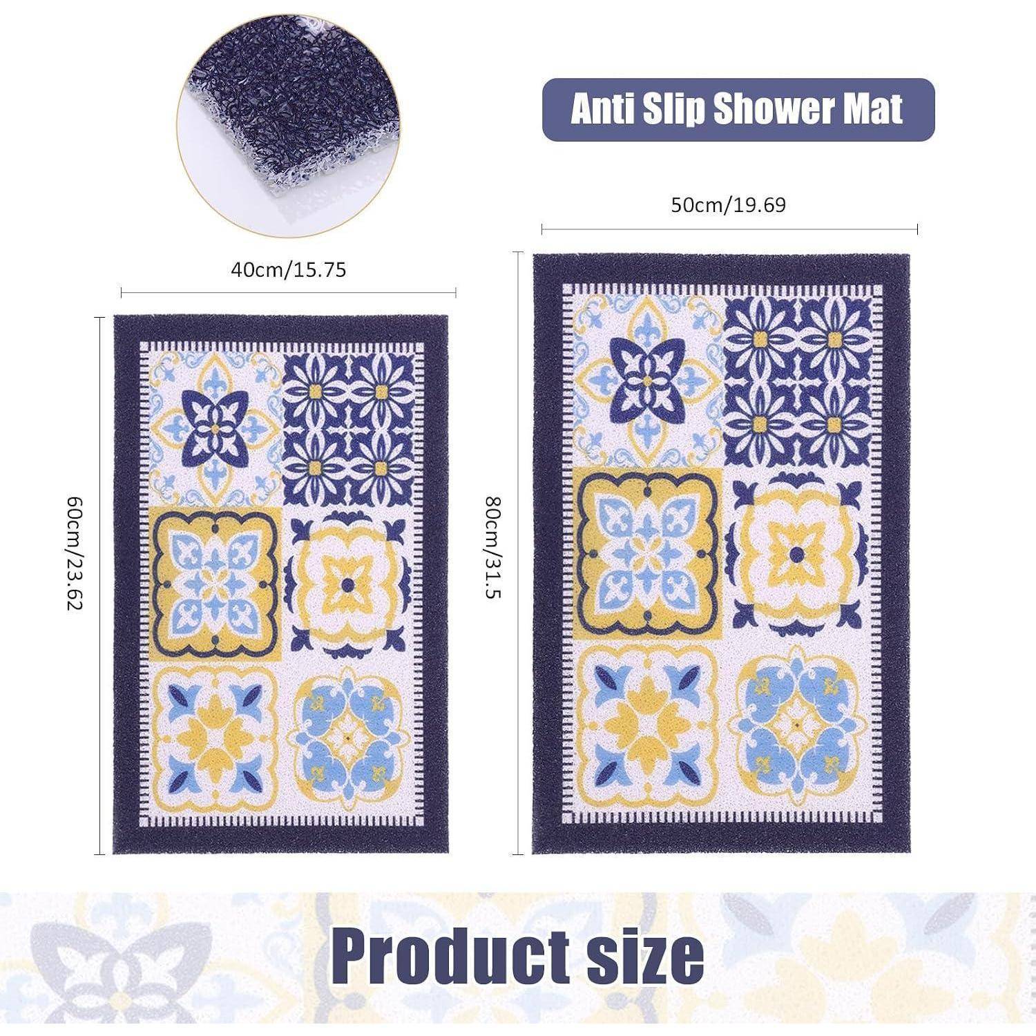 Produktgrößen-Grafik für eine rutschfeste Badewannenmatte, die zwei rechteckige Matten mit Blumenkachelmuster und Abmessungen zeigt: 40 x 60 cm und 50 x 80 cm.