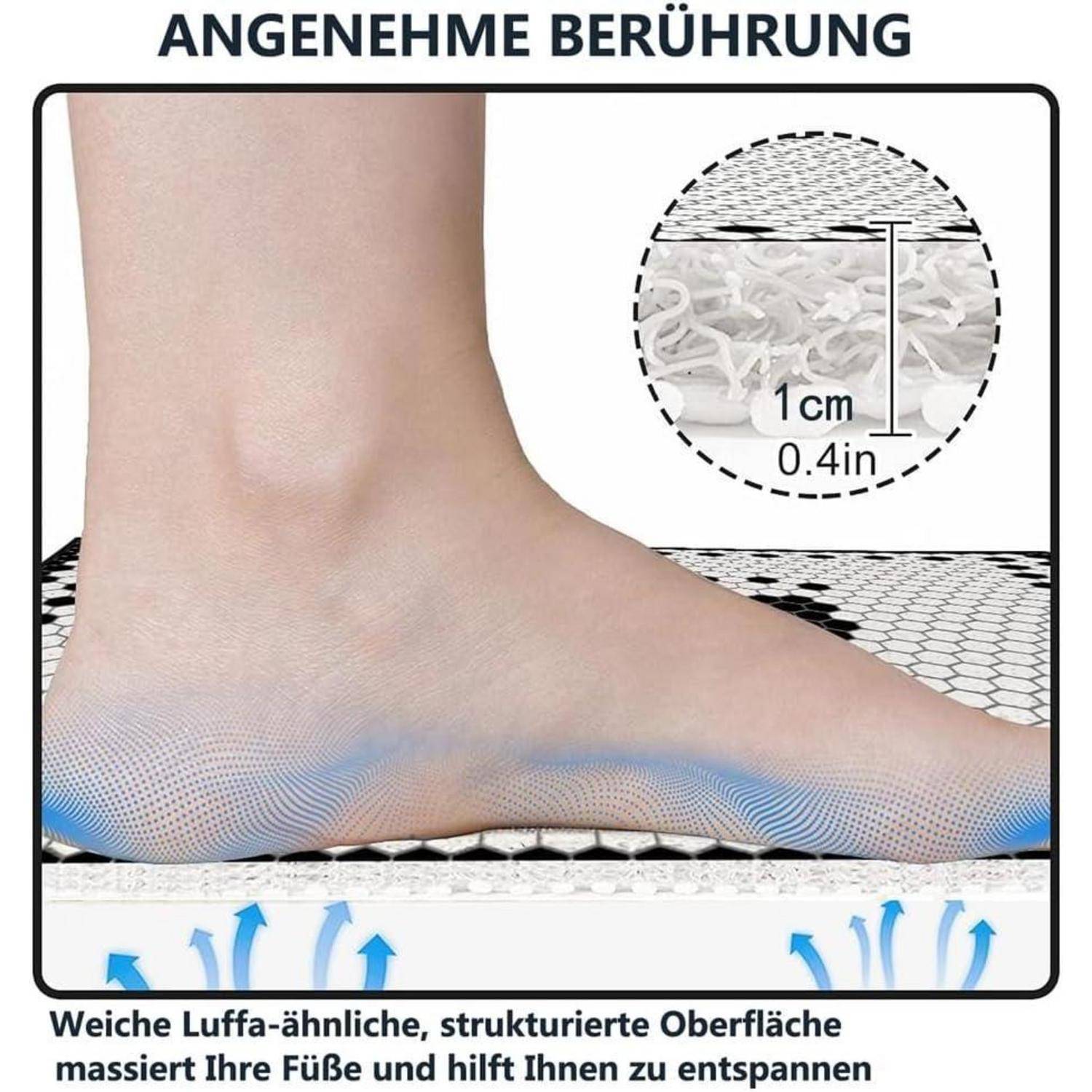 Fuß auf einer gepolsterten, luftähnlich strukturierten Oberfläche mit der Bezeichnung „angenehme Haptik