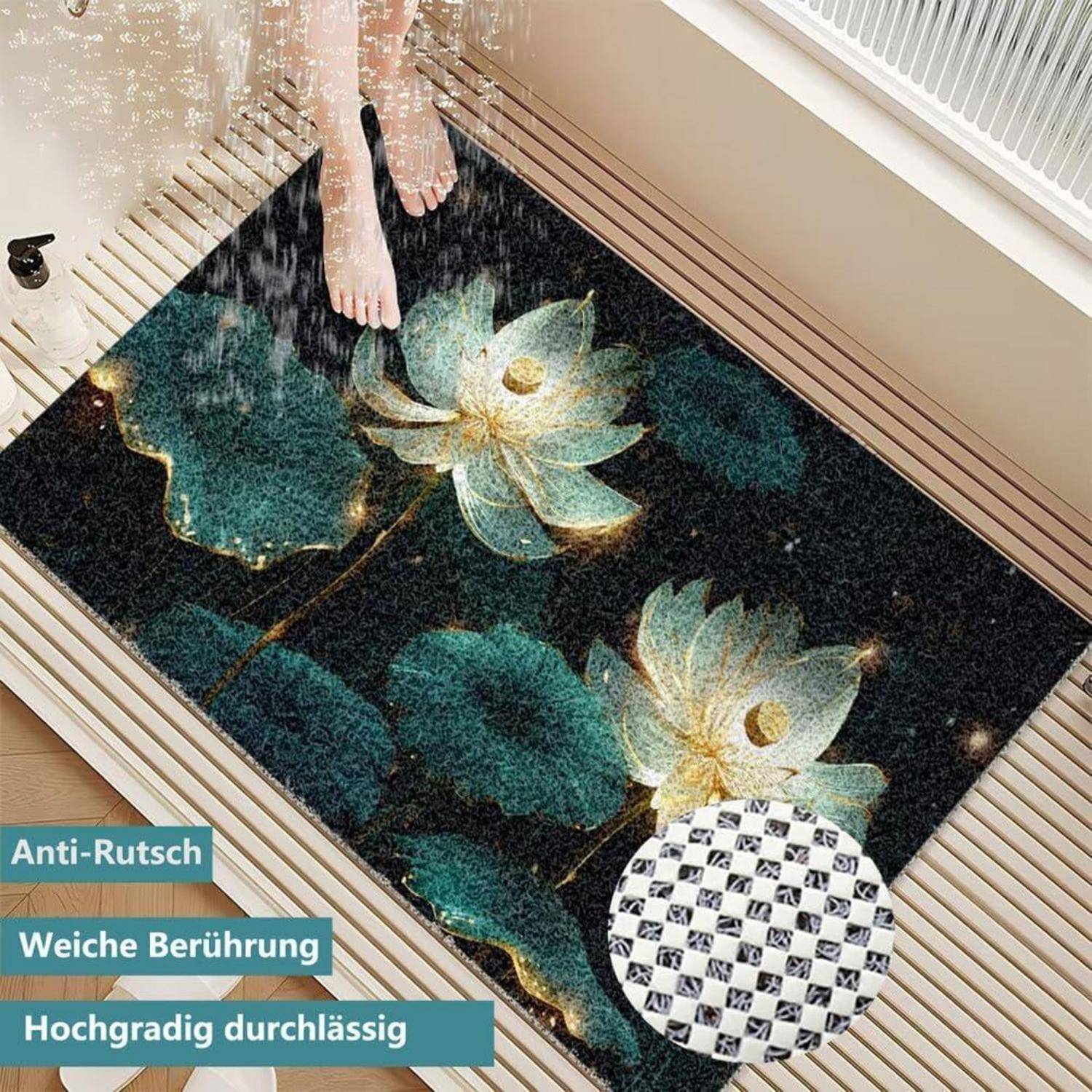 Füße, die auf einer floralen Antirutsch-Badmatte in einem Duschbereich stehen, mit deutschen Beschriftungen „Anti-Rutsch
