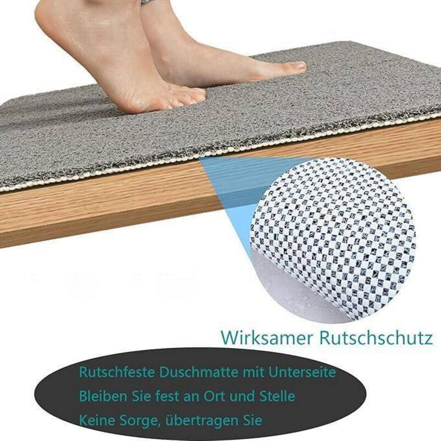 Nackte Füße stehen auf einer grauen rutschfesten Badewannenmatte auf einem nassen Rand, mit deutschem Text, der effektiven Rutschschutz und sicheren Stand hervorhebt.